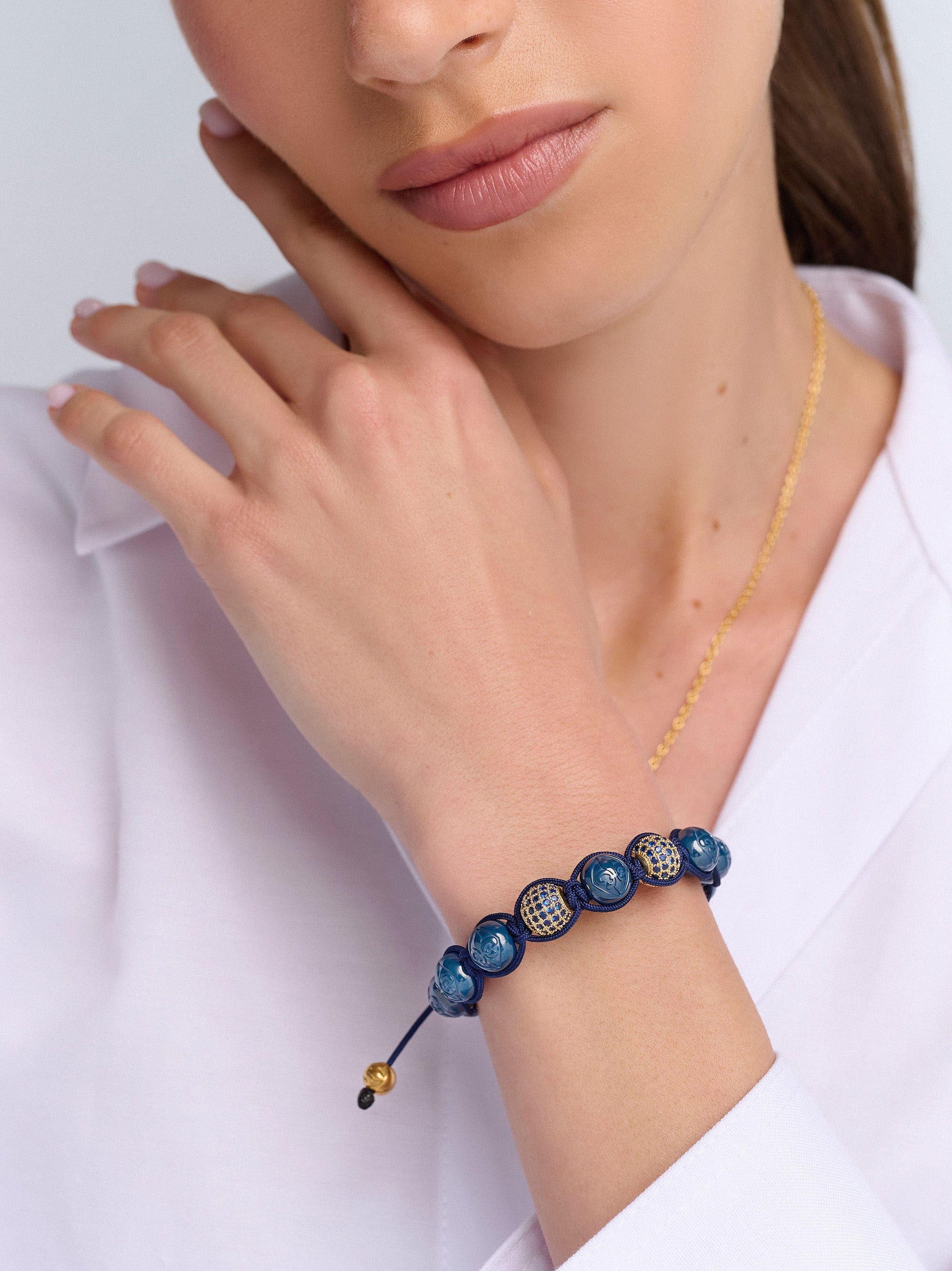 Nialaya Women's Beaded Bracelet Women's Beaded Bracelet with Blue Ceramic and Gold CZ Beads Women's Beaded Bracelet with Blue Ceramic and Gold CZ Beads
