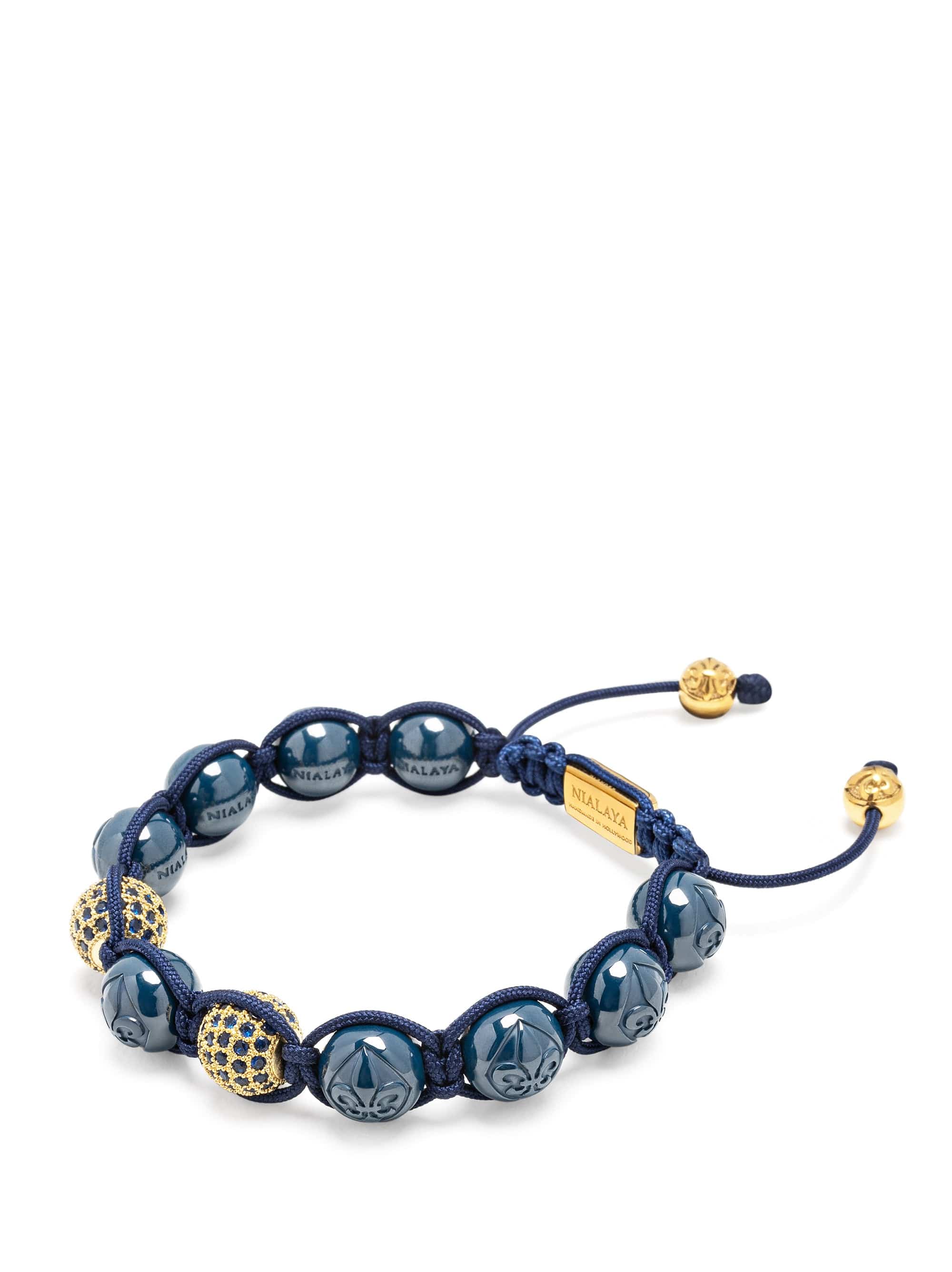 Nialaya Women's Beaded Bracelet Women's Beaded Bracelet with Blue Ceramic and Gold CZ Beads Women's Beaded Bracelet with Blue Ceramic and Gold CZ Beads