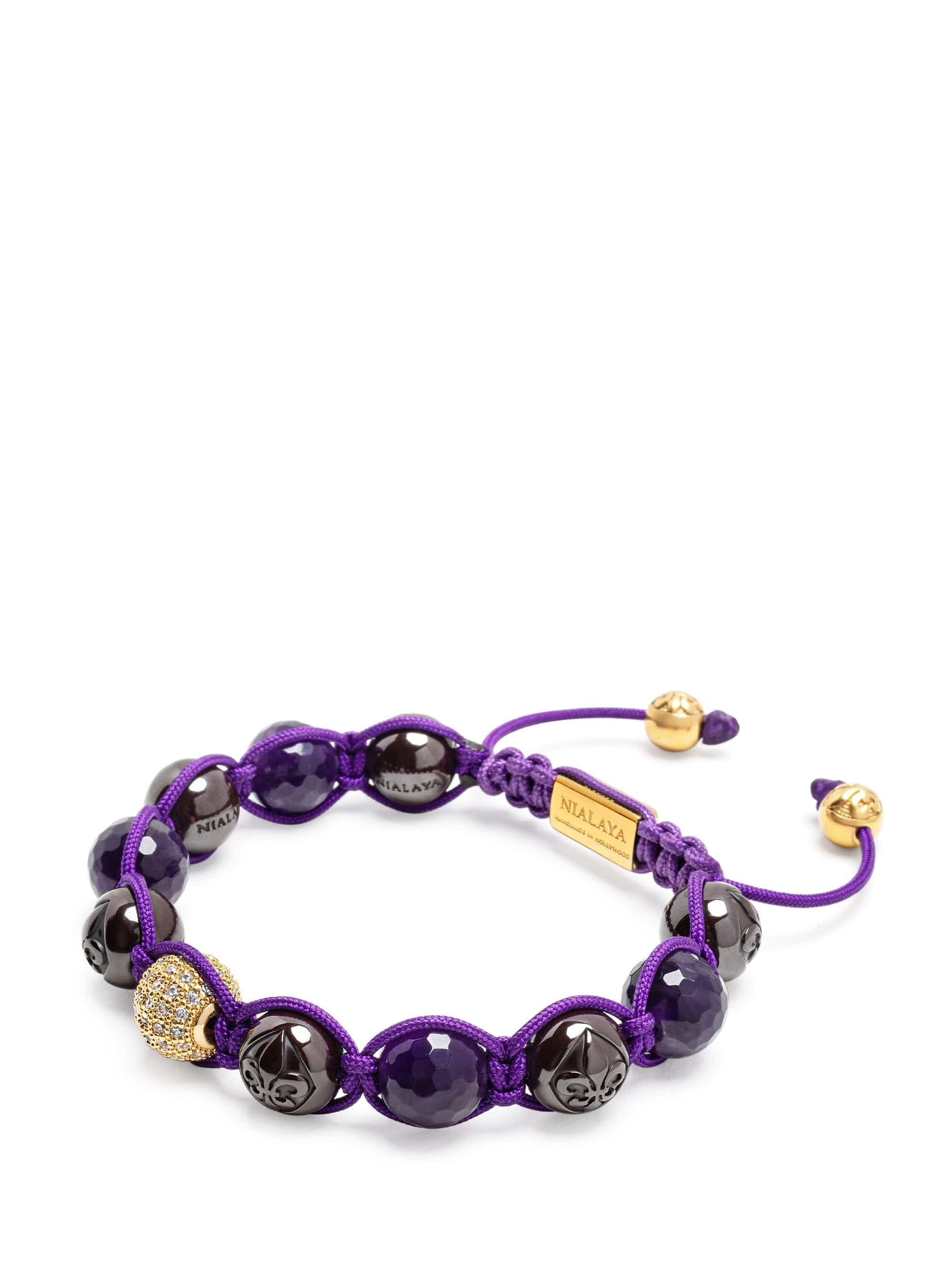 Nialaya Women's Beaded Bracelet Women's Beaded Bracelet with Faceted Amethyst, Burgundy Ceramic and Gold CZ Women's Beaded Bracelet with Faceted Amethyst, Burgundy Ceramic and Gold CZ