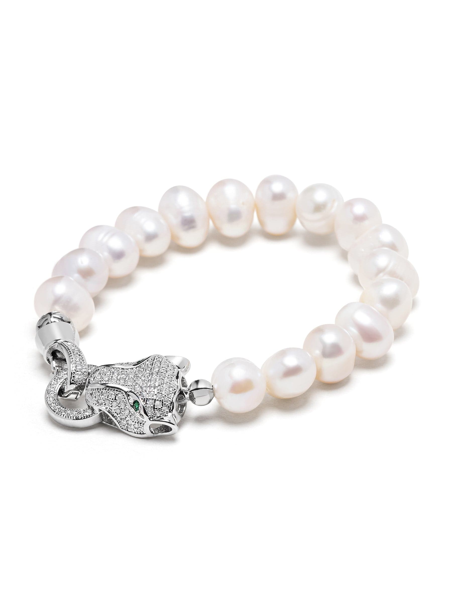 Nialaya Women's Beaded Bracelet Women's Pearl Bracelet with Silver Panther Head