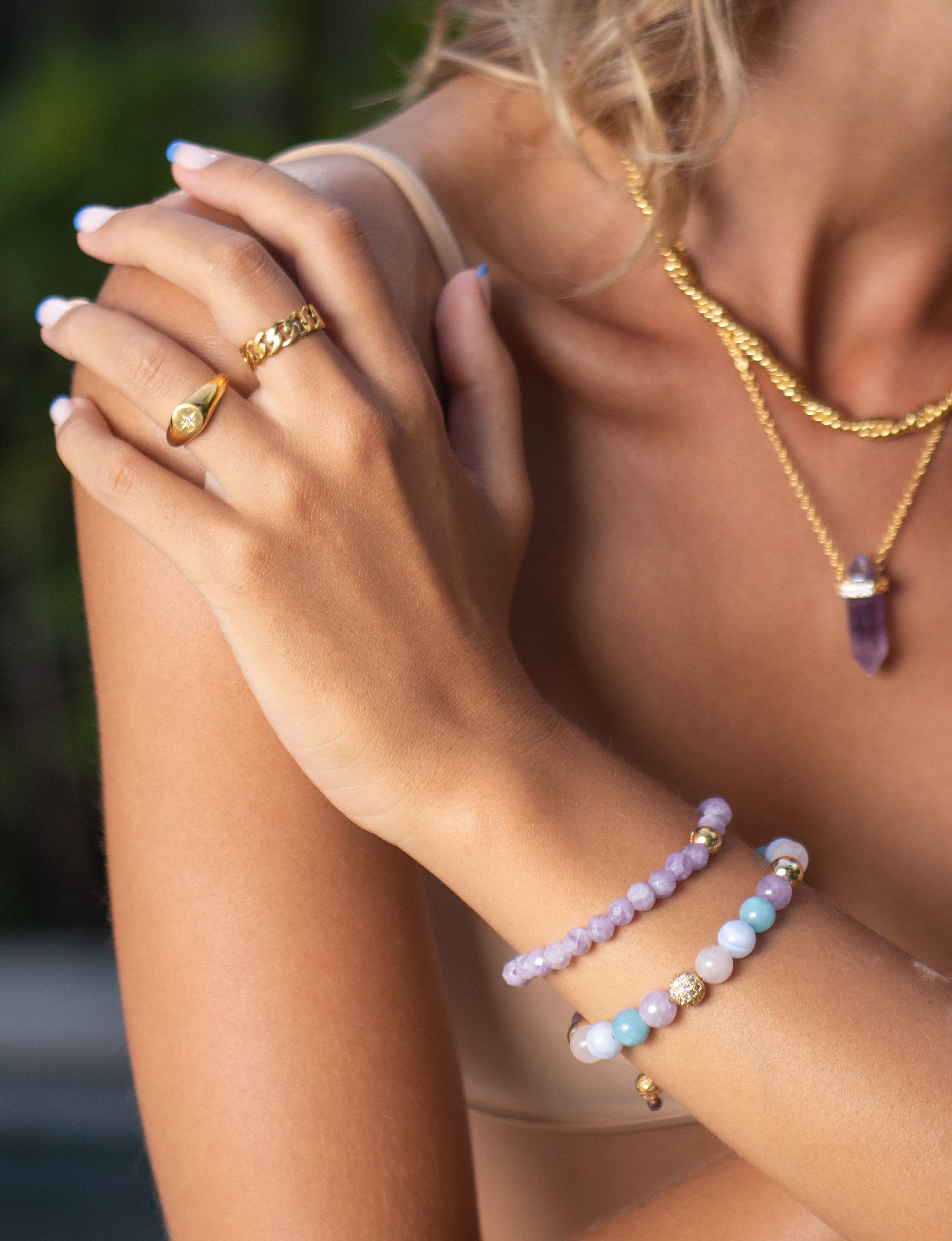 Nialaya Women's Beaded Bracelet Women's Wristband with Amethyst Lavender and Gold