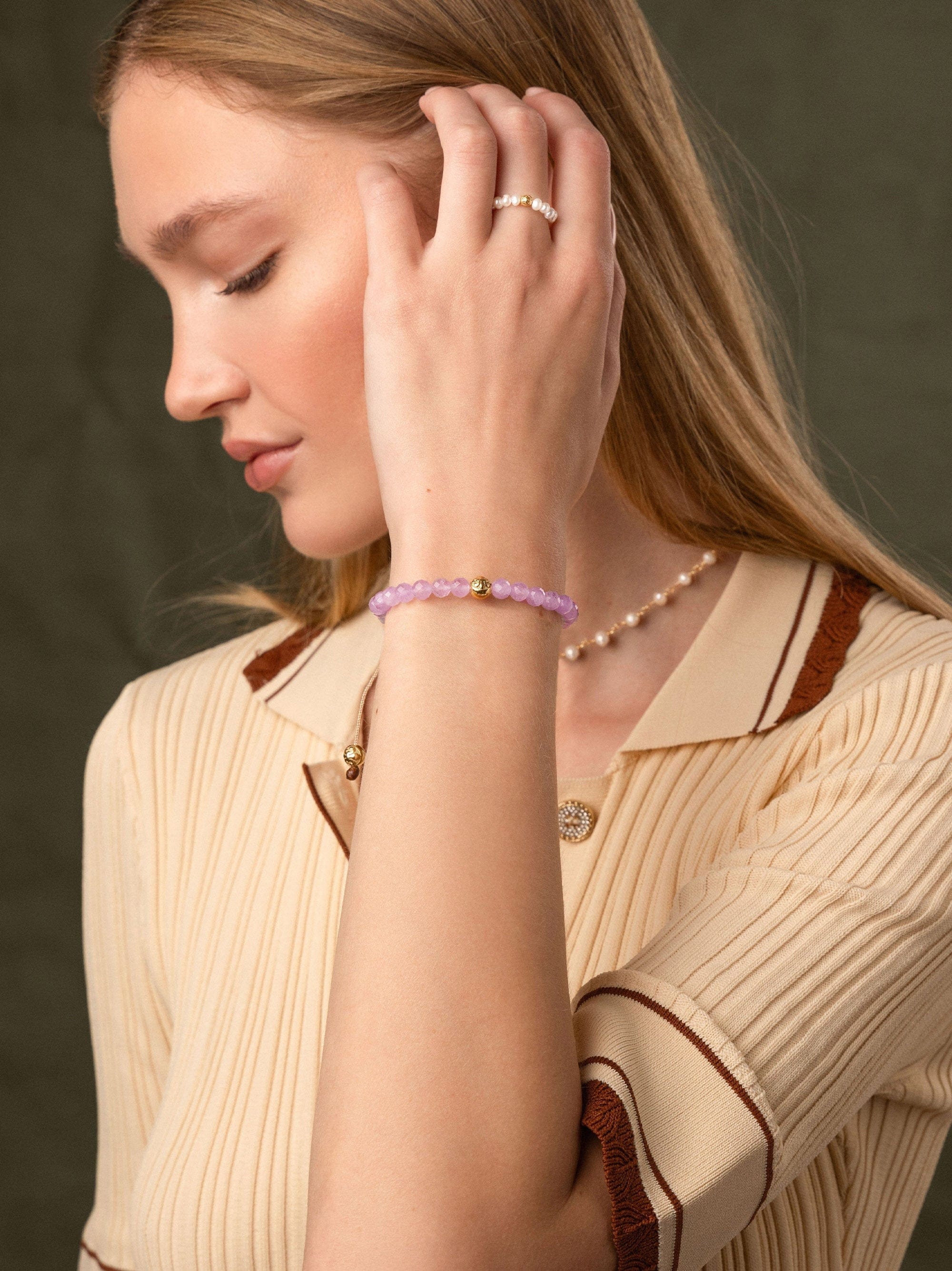 Nialaya Women's Beaded Bracelet Women's Wristband with Amethyst Lavender and Gold Women's Wristband with Amethyst Lavender and Gold