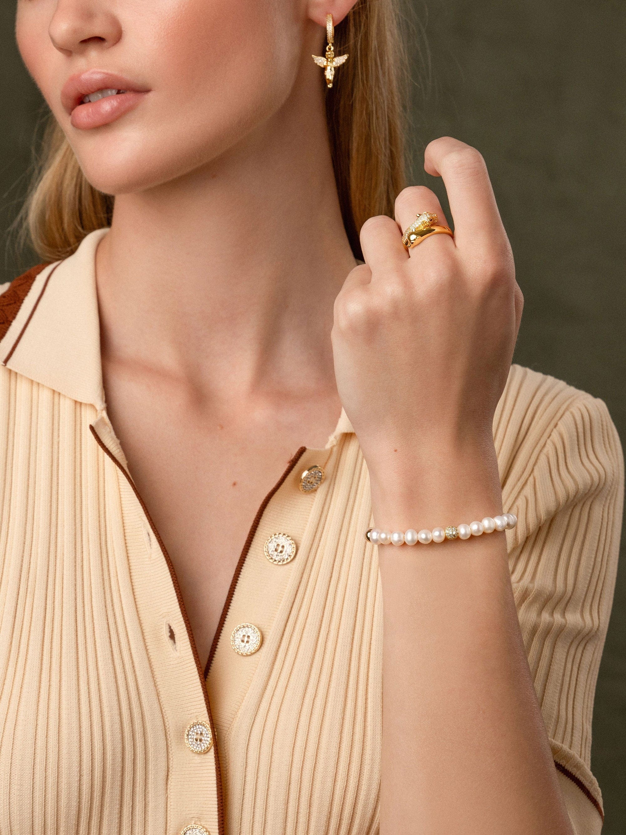 Nialaya Women's Beaded Bracelet Wristband with Pearl and Gold Wristband with Pearl and Gold