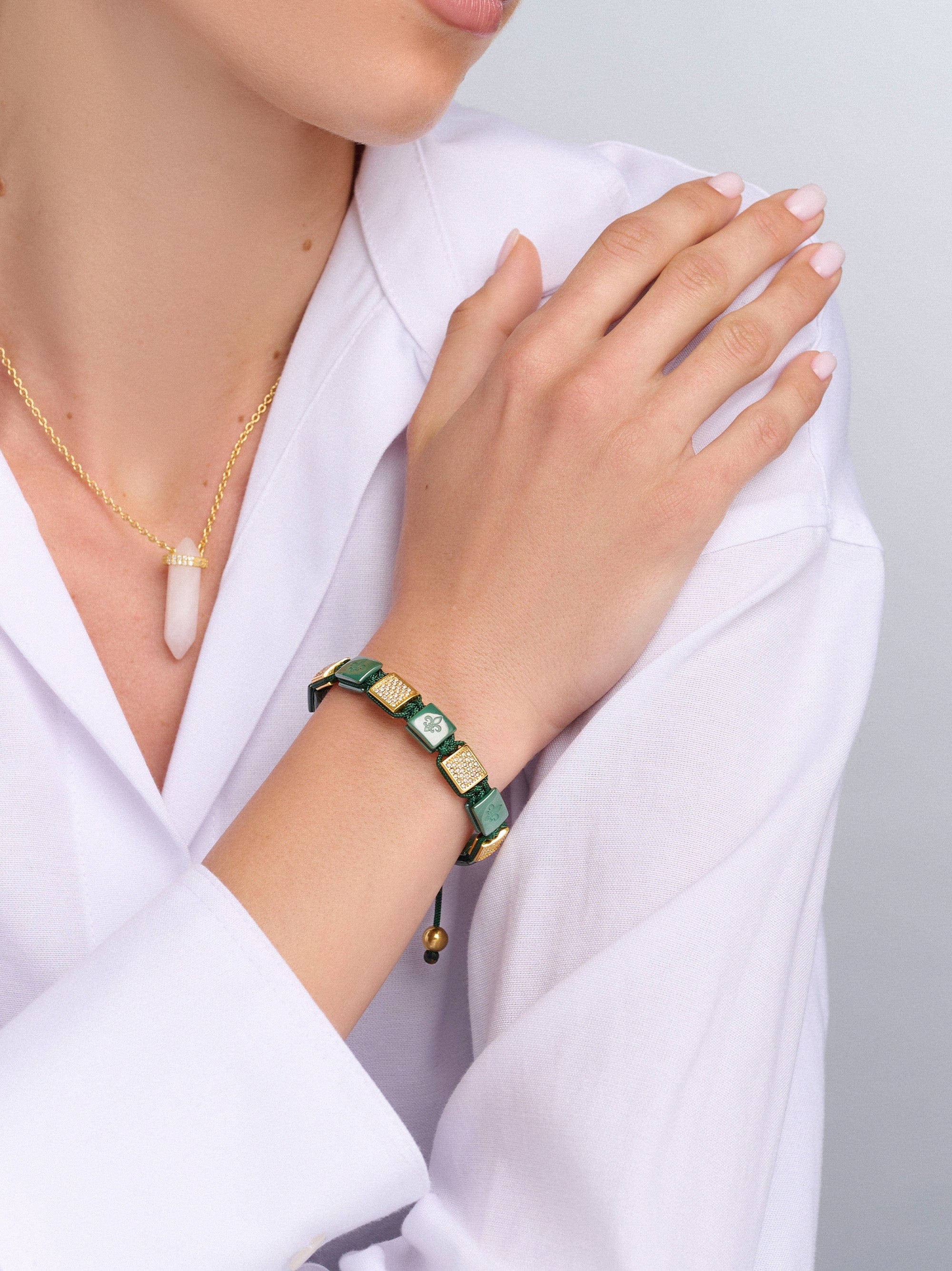 Nialaya Women's Flatbead Bracelet Women's Dark Green Ceramic Flatbead Bracelet with Gold CZ Women's Dark Green Ceramic Flatbead Bracelet with Gold CZ