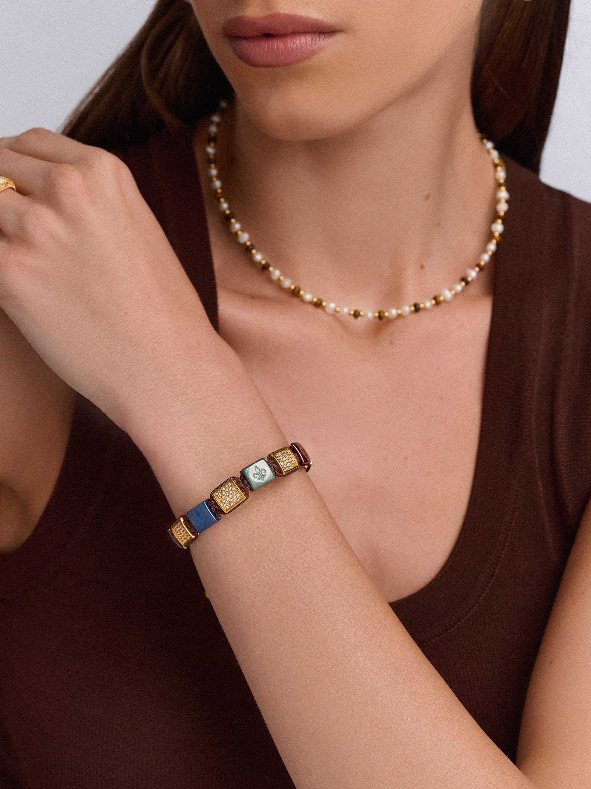 Nialaya Women's Flatbead Bracelet Women's Dark Green, Dark Blue & Burgundy Ceramic Flatbead Bracelet with Gold CZ Women's Dark Green, Dark Blue & Burgundy Ceramic Flatbead Bracelet with Gold CZ