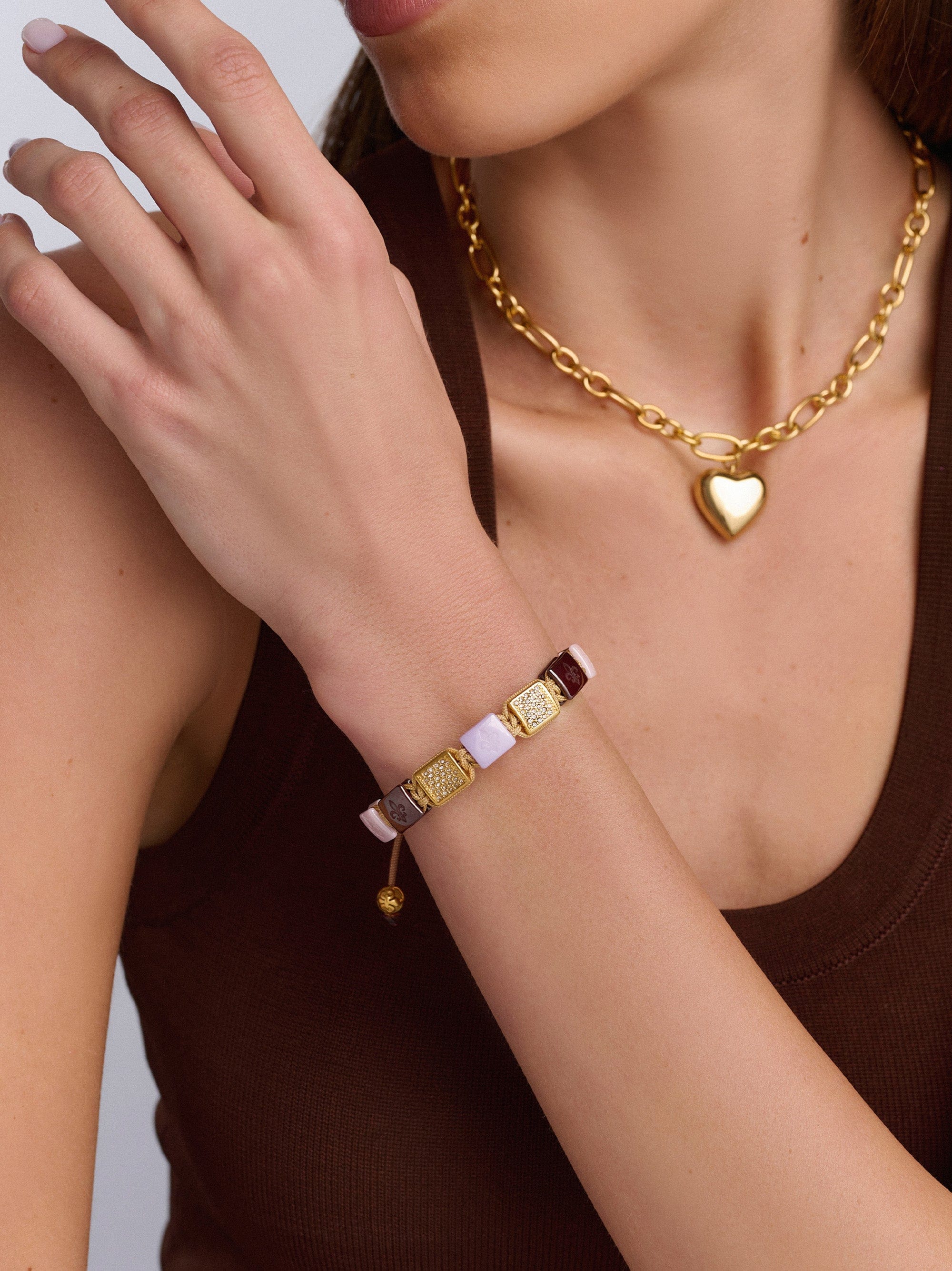 Nialaya Women's Flatbead Bracelet Women's Lavender, Purple, Soft Pink & Burgundy Ceramic Flatbead Bracelet with Gold CZ Women's Lavender, Purple, Soft Pink & Burgundy Ceramic Flatbead Bracelet with Gold CZ