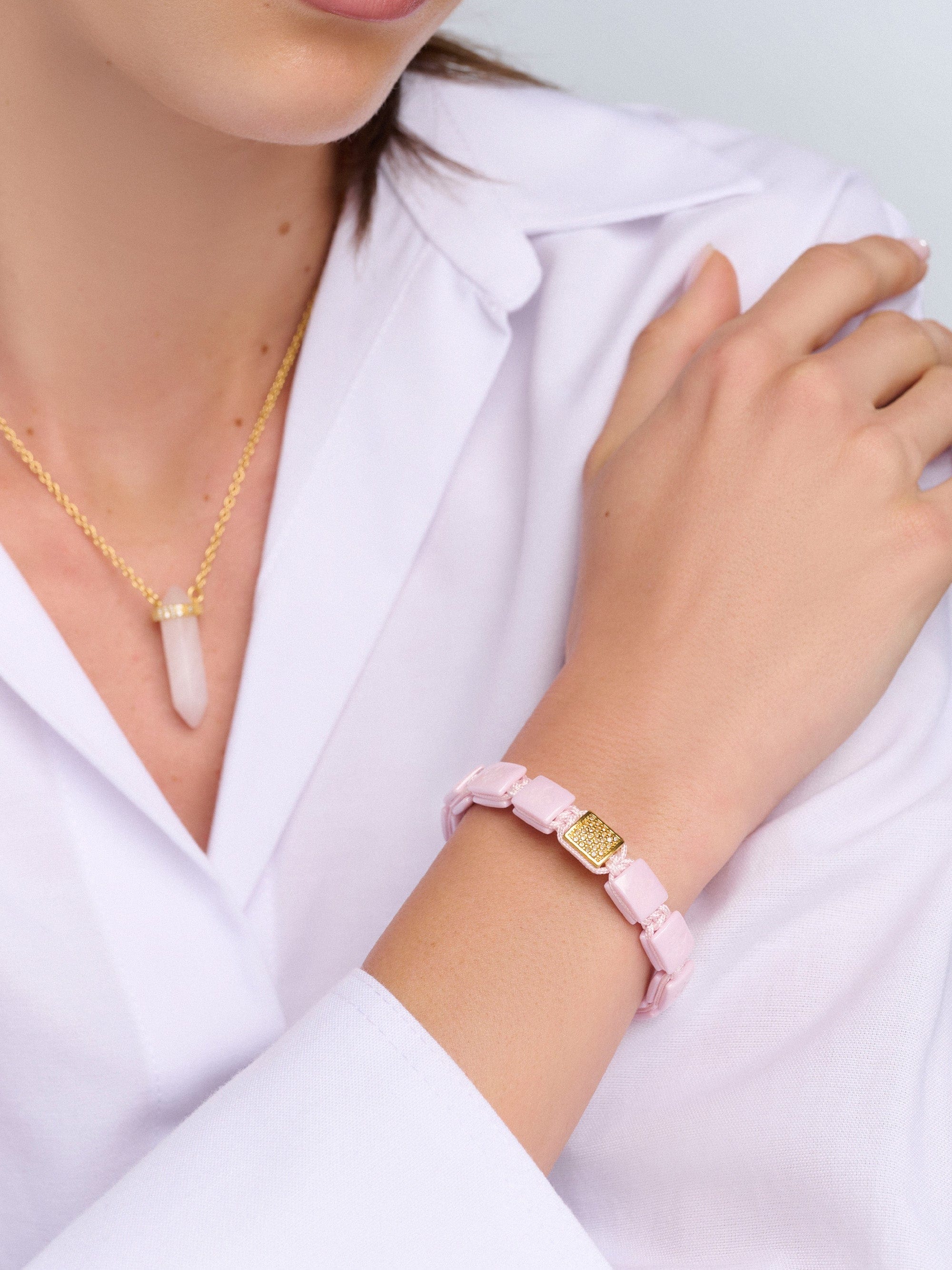 Nialaya Women's Flatbead Bracelet Women's Soft Pink Ceramic Flatbead Bracelet with Gold CZ Women's Soft Pink Ceramic Flatbead Bracelet with Gold CZ