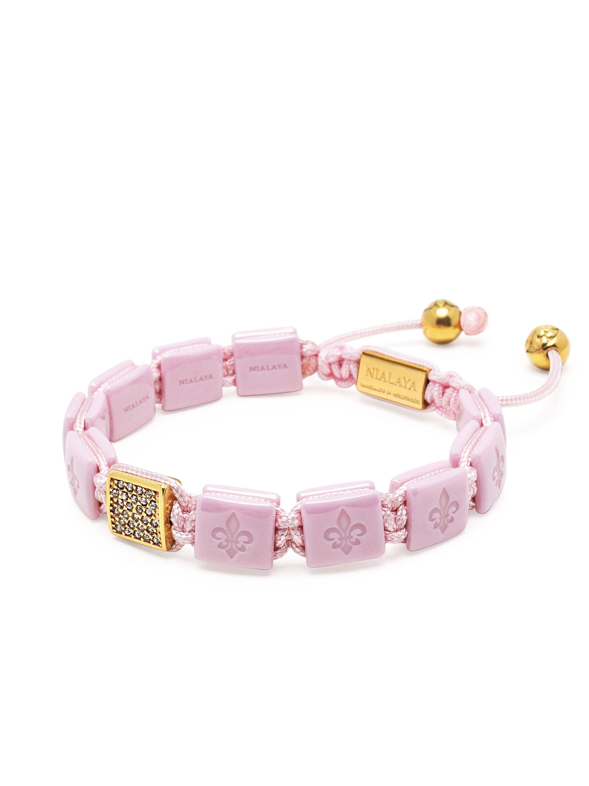 Nialaya Women's Flatbead Bracelet Women's Soft Pink Ceramic Flatbead Bracelet with Gold CZ Women's Soft Pink Ceramic Flatbead Bracelet with Gold CZ