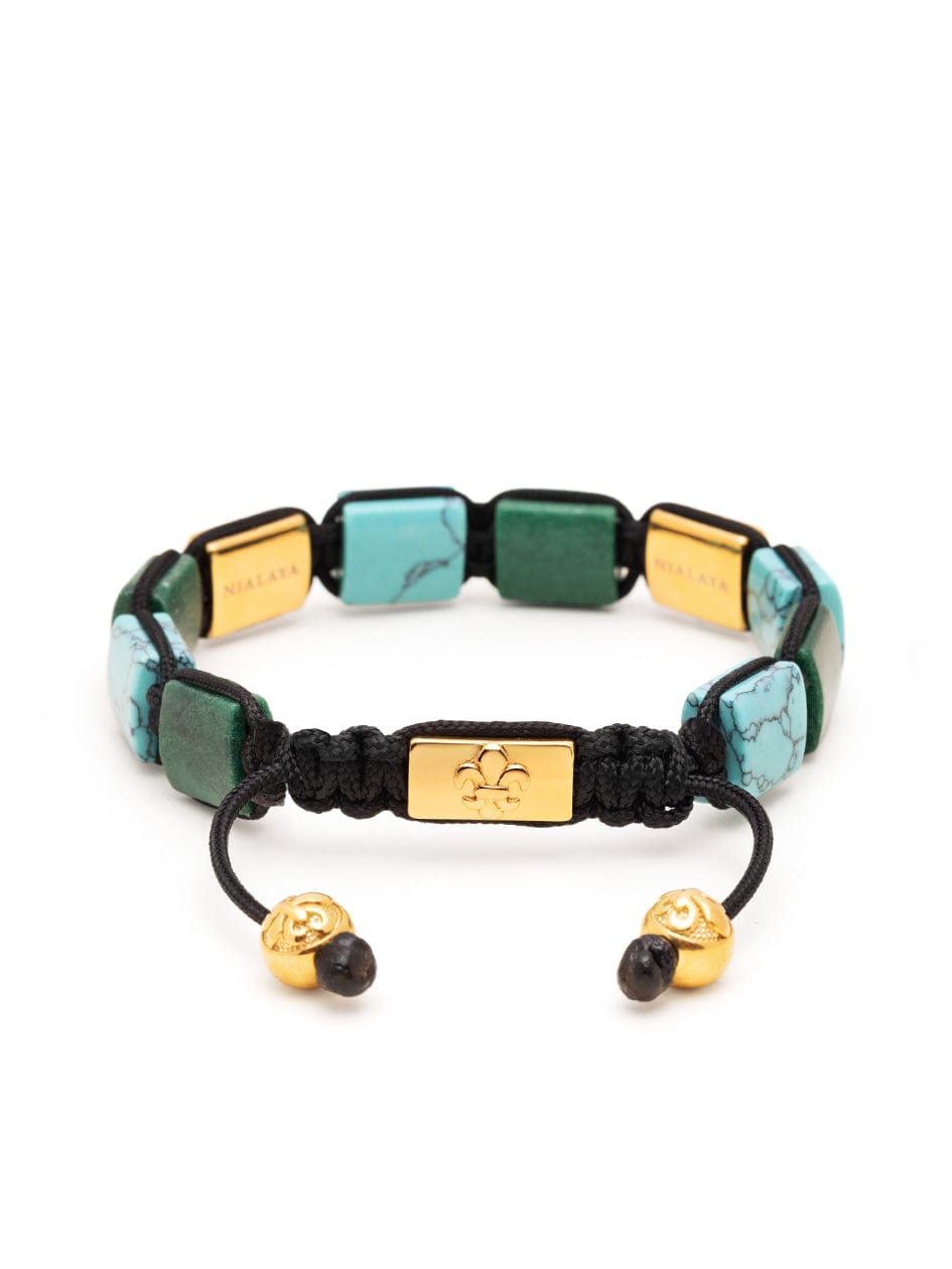 Nialaya Women's Flatbead Bracelet Women's Turquoise and Green Jade Flatbead Bracelet with Gold Plated Dorje