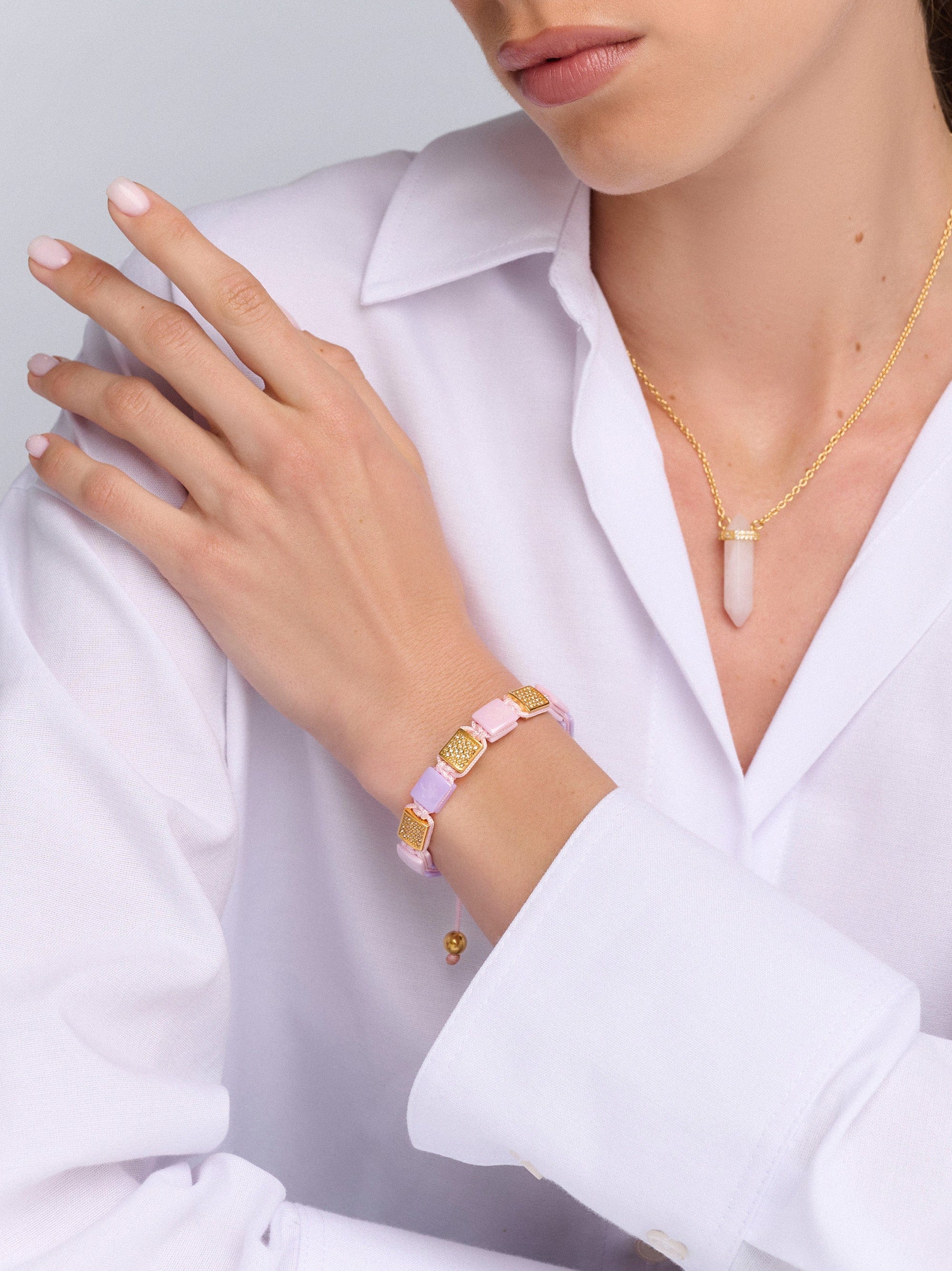 Nialaya Women's Flatbead Bracelet Women's White, Lavender & Soft Pink Ceramic Flatbead Bracelet with Gold CZ Women's White, Lavender & Soft Pink Ceramic Flatbead Bracelet with Gold CZ