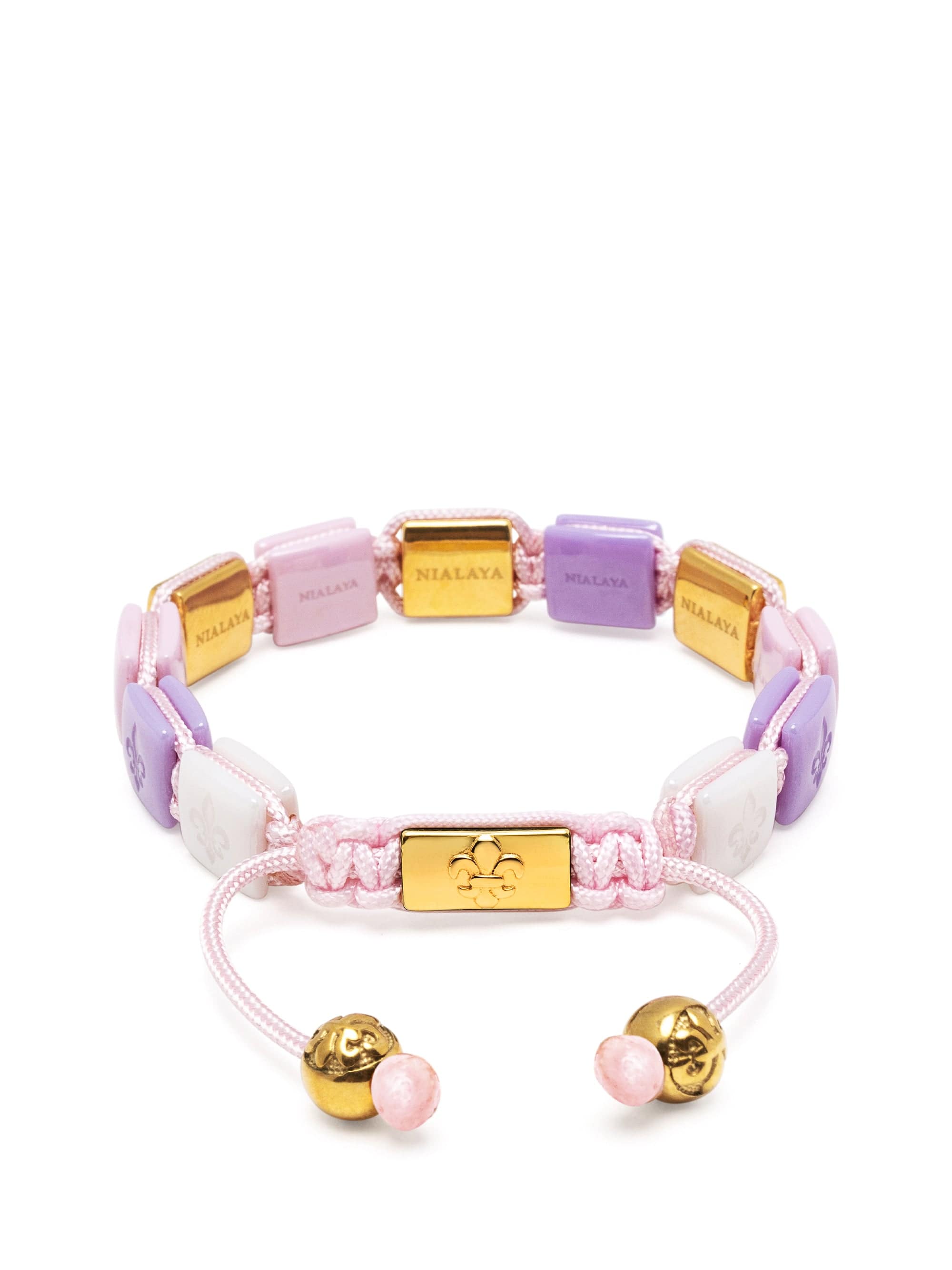 Nialaya Women's Flatbead Bracelet Women's White, Lavender & Soft Pink Ceramic Flatbead Bracelet with Gold CZ Women's White, Lavender & Soft Pink Ceramic Flatbead Bracelet with Gold CZ