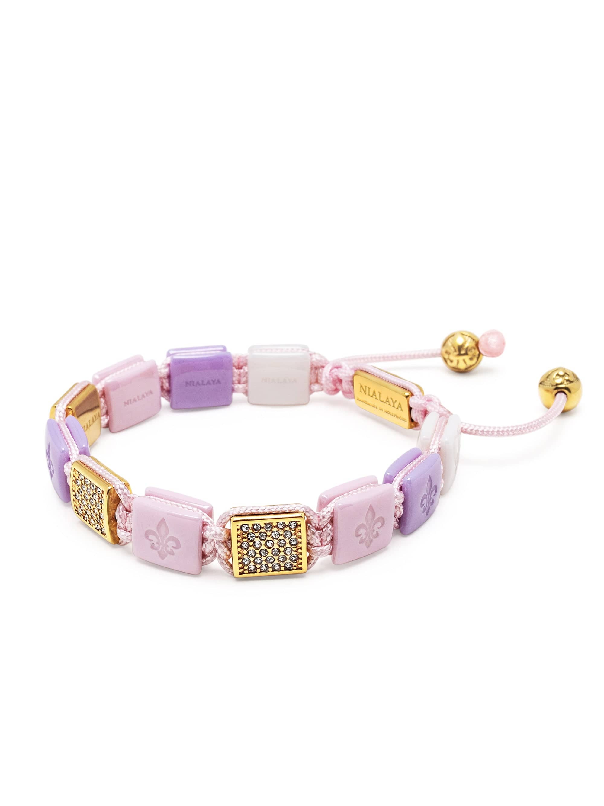 Nialaya Women's Flatbead Bracelet Women's White, Lavender & Soft Pink Ceramic Flatbead Bracelet with Gold CZ Women's White, Lavender & Soft Pink Ceramic Flatbead Bracelet with Gold CZ