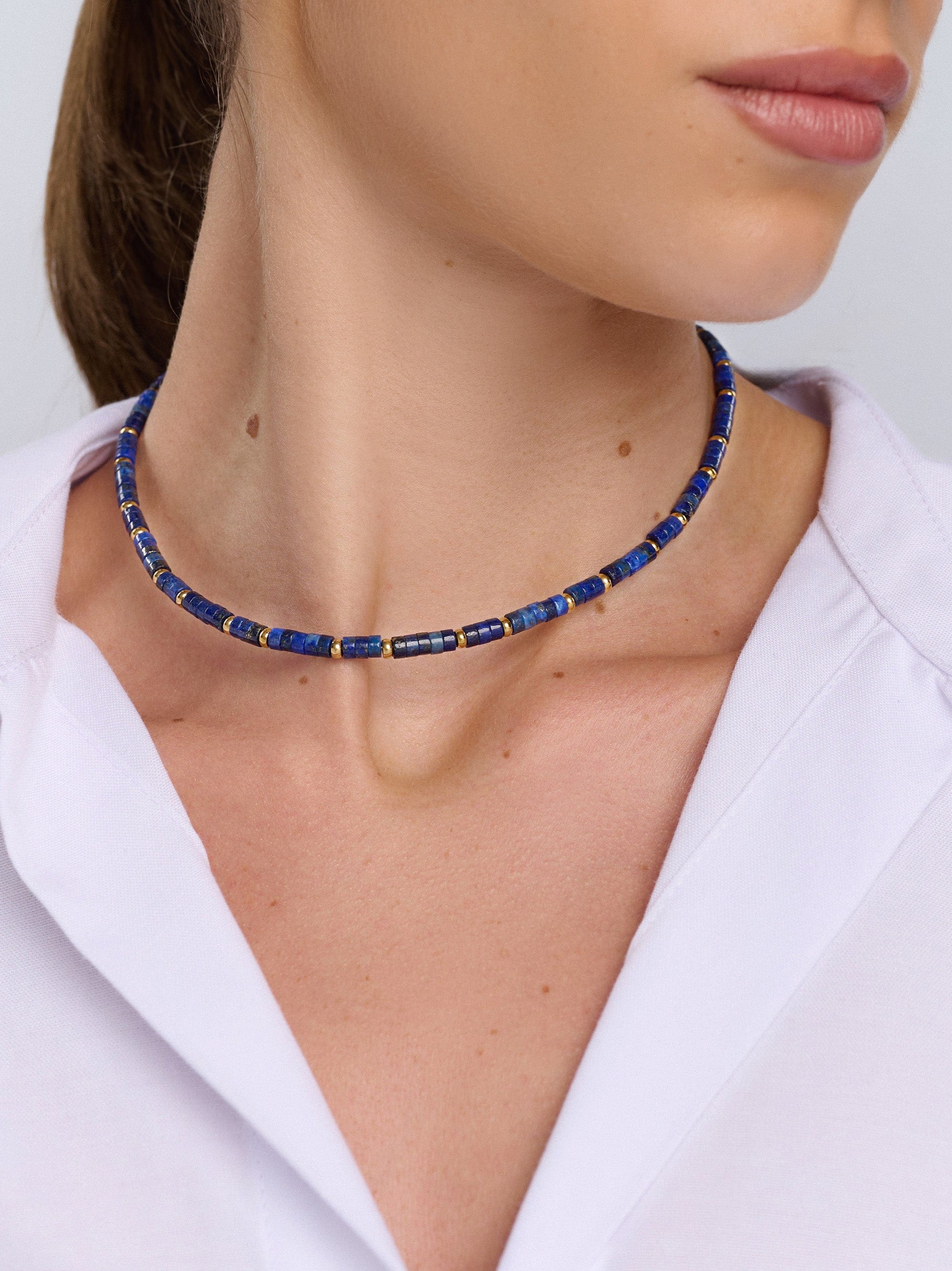 Nialaya Women's Necklace Heishi Blue Lapis Choker with Gold Heishi Blue Lapis Choker with Gold 14 Inches / 35.56 cm WNECK_149