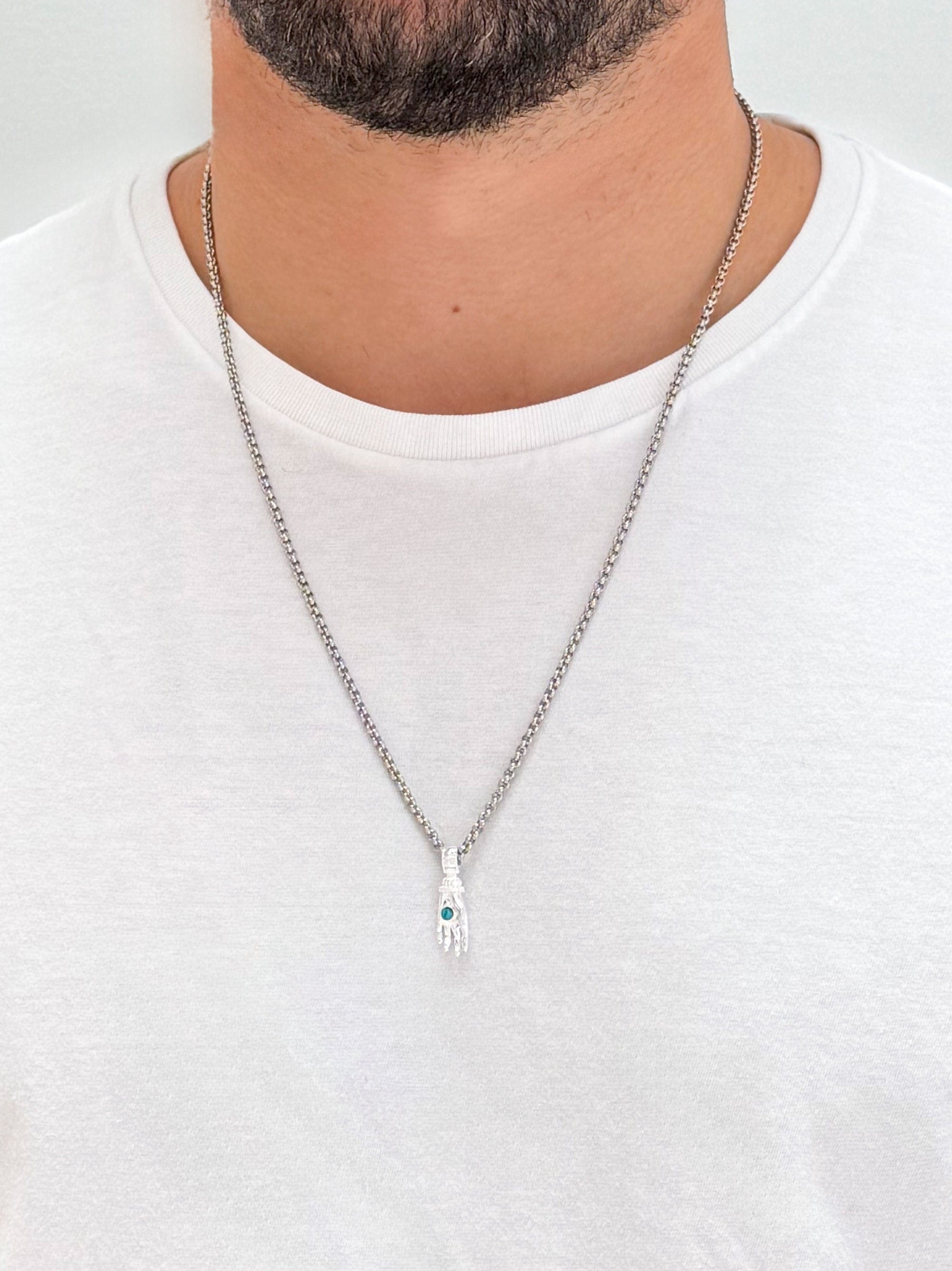 Nialaya Women's Necklace Men's Hand Pendant with a Small Turquoise Gemstone in Silver Men's Hand Pendant with a Small Turquoise Gemstone in Silver