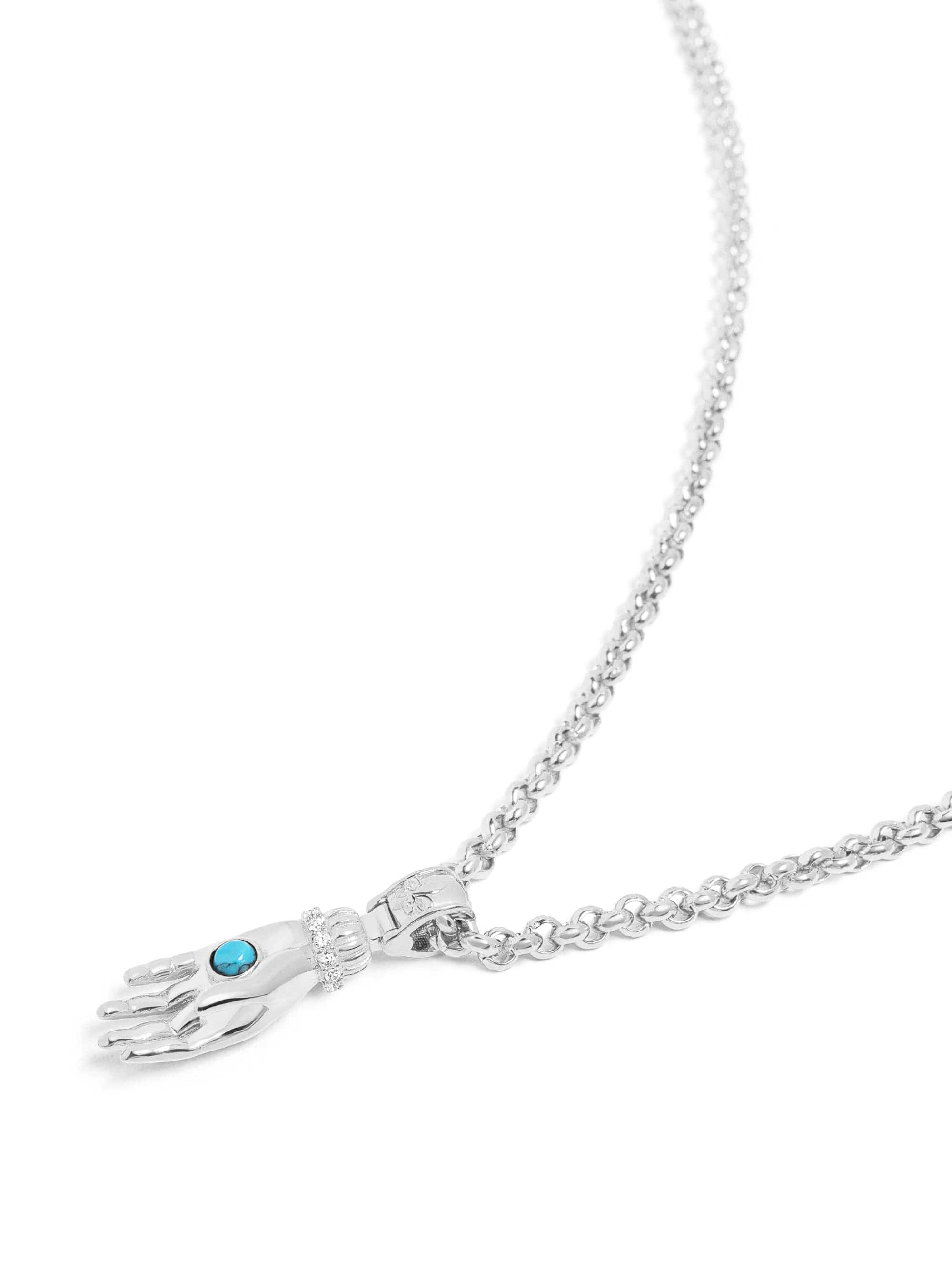 Nialaya Women's Necklace Men's Hand Pendant with a Small Turquoise Gemstone in Silver Men's Hand Pendant with a Small Turquoise Gemstone in Silver