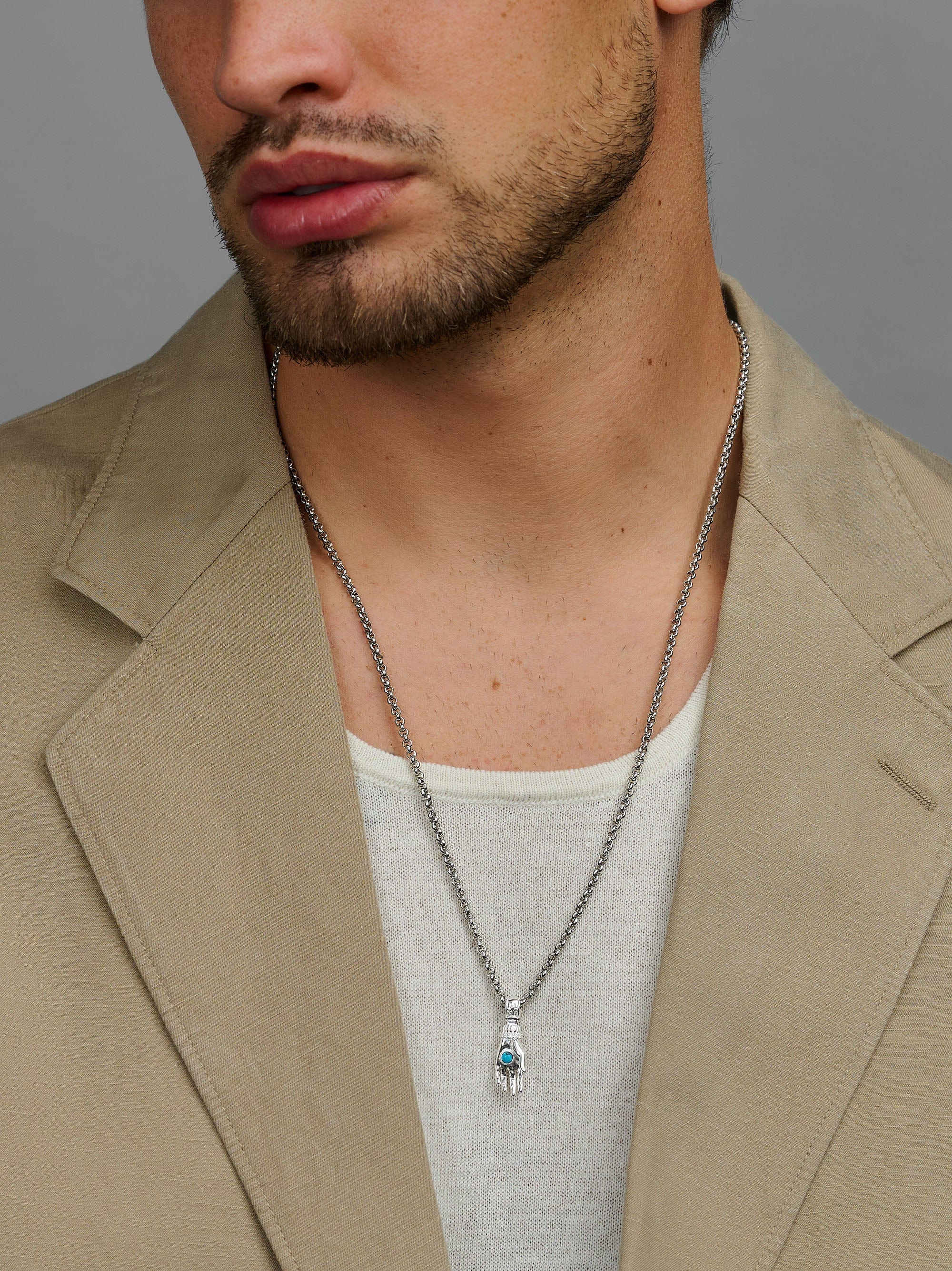 Nialaya Women's Necklace Men's Hand Pendant with a Small Turquoise Gemstone in Silver Men's Hand Pendant with a Small Turquoise Gemstone in Silver