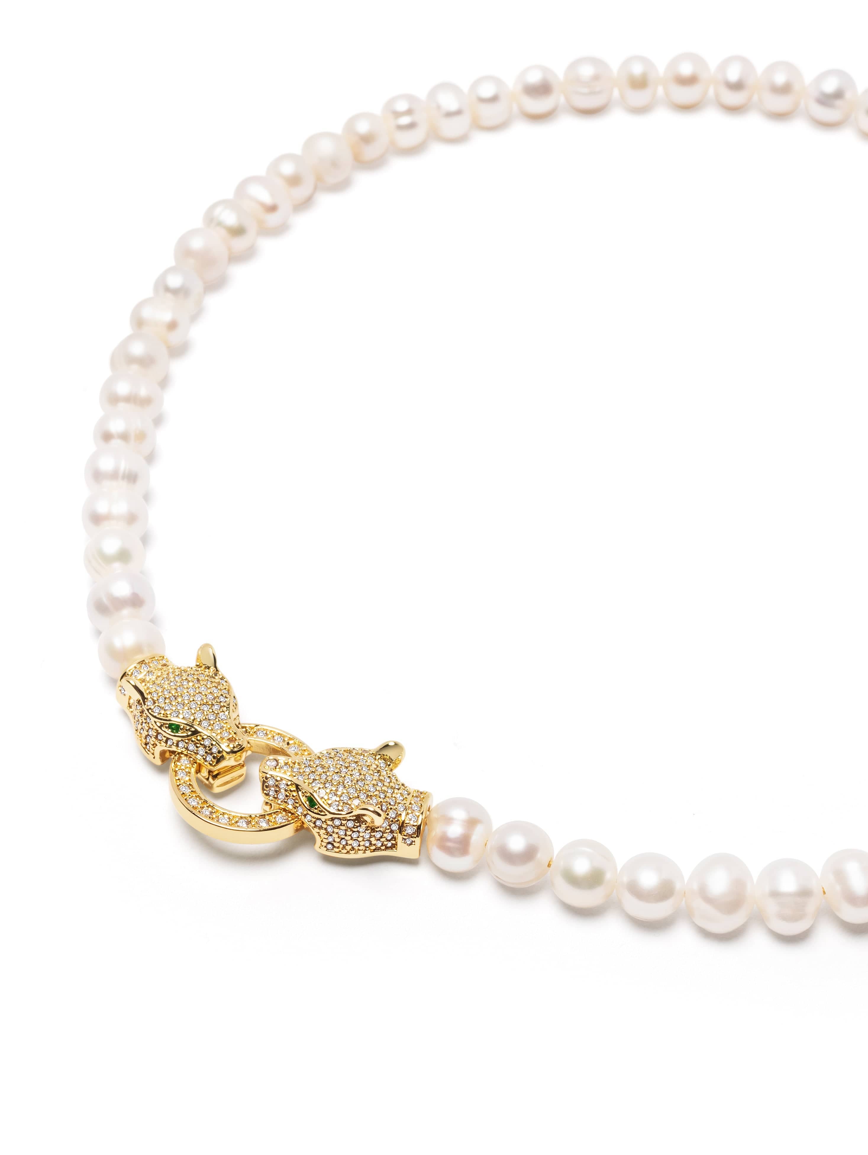 Nialaya Women's Necklace Women's Pearl Choker with Gold Double Panther Head 15 Inches / 38.1 cm WNECK_272