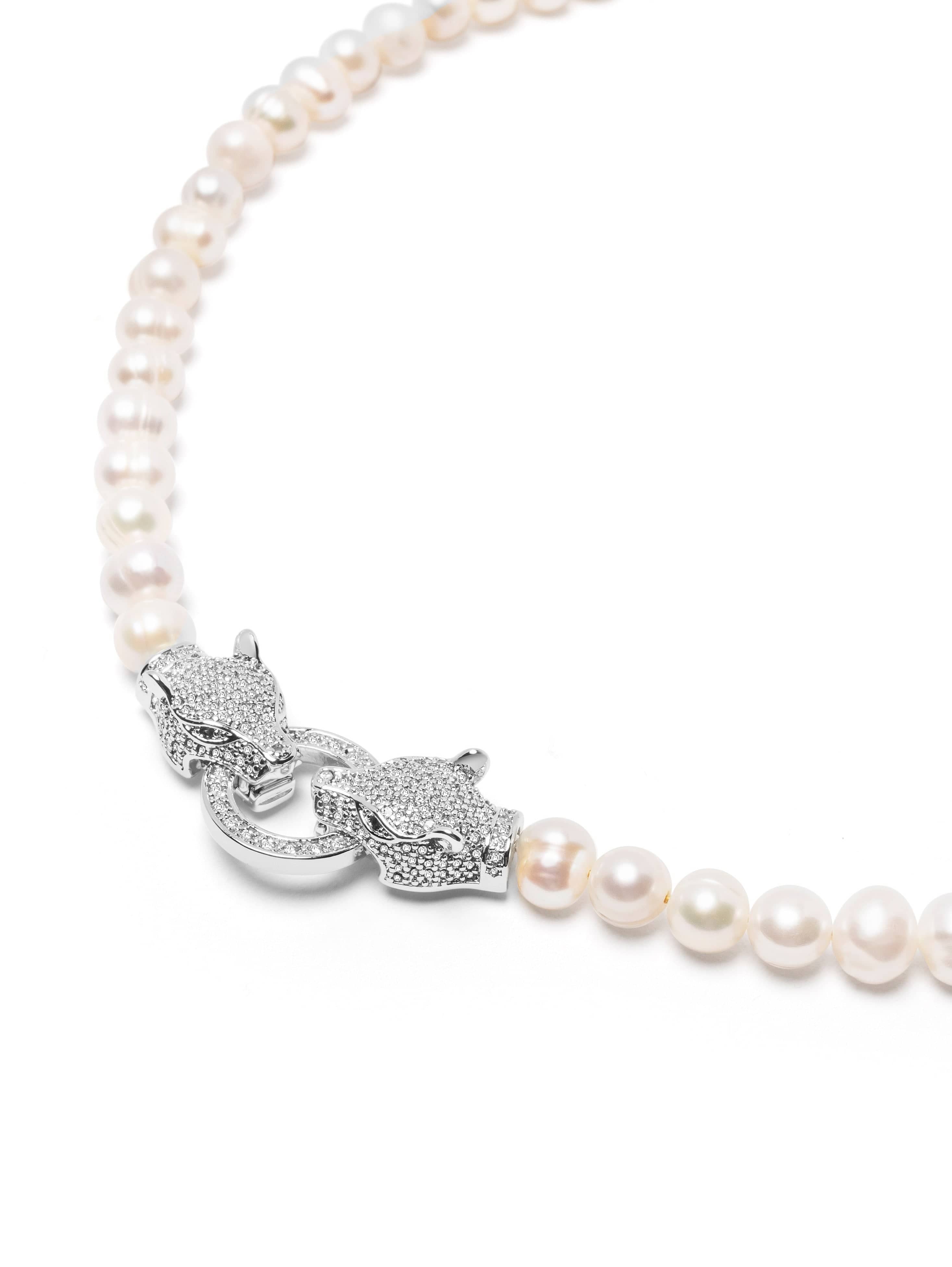 Nialaya Women's Necklace Women's Pearl Choker with Silver Double Panther Head 15 Inches / 38.1 cm WNECK_273