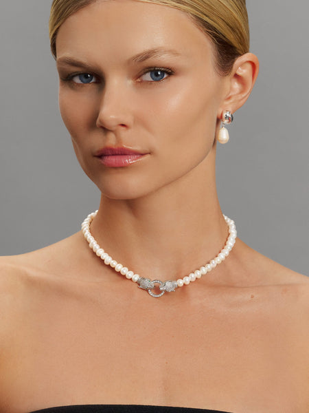 Women's Pearl Choker with Silver Double Panther Head – Nialaya