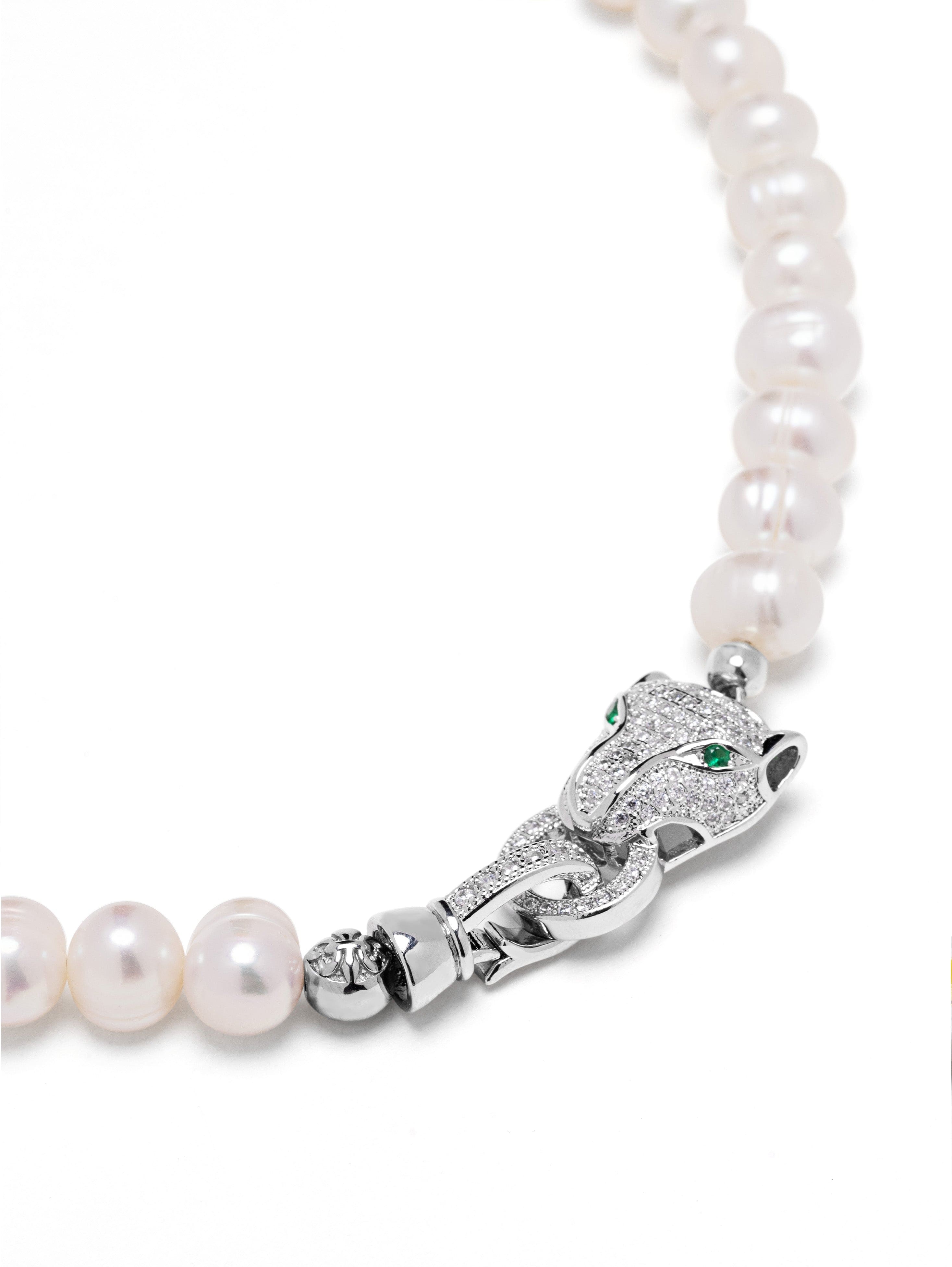 Nialaya Women's Necklace Women's Pearl Choker with Silver Panther Head 14 Inches / 35.56 cm WNECK_234