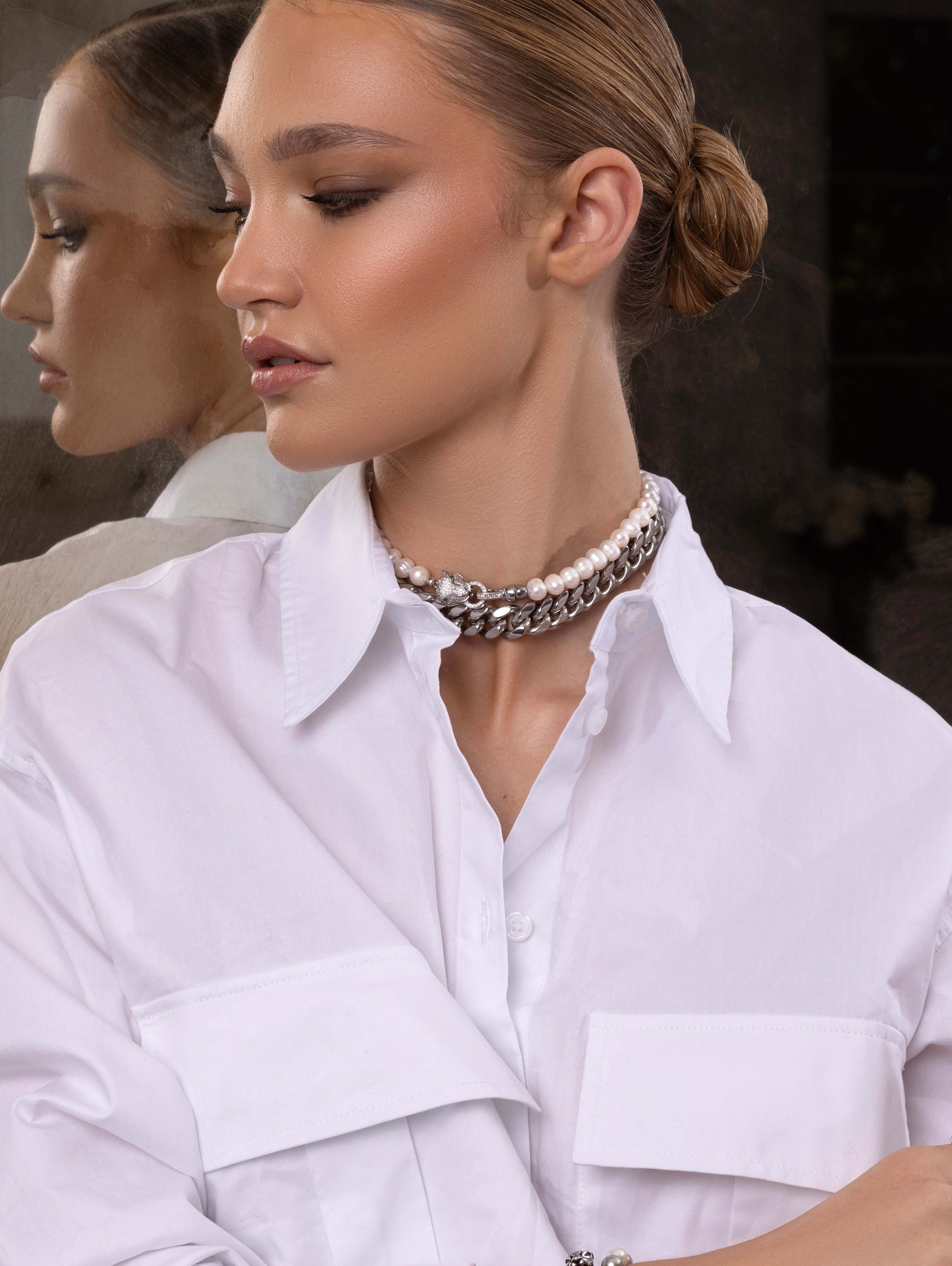 Nialaya Women's Necklace Women's Pearl Choker with Silver Panther Head 14 Inches / 35.56 cm WNECK_234