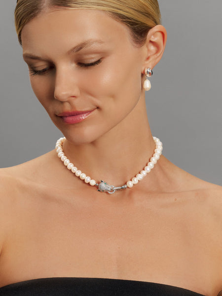 Women's Pearl Choker with Silver Panther Head – Nialaya