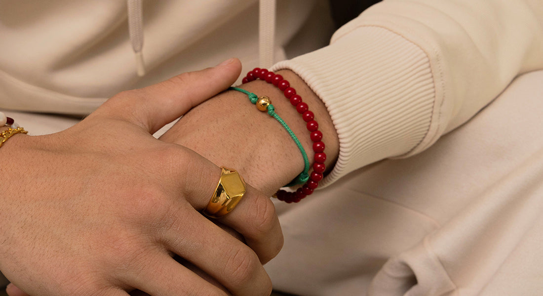 Nialaya Men's Red String Bracelet with Gold Evil Eye