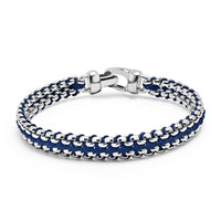 Men's Navy Woven 8mm Box Chain Bracelet in Silver