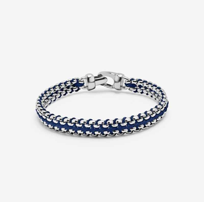 Navy Woven Box Chain Bracelet in Silver