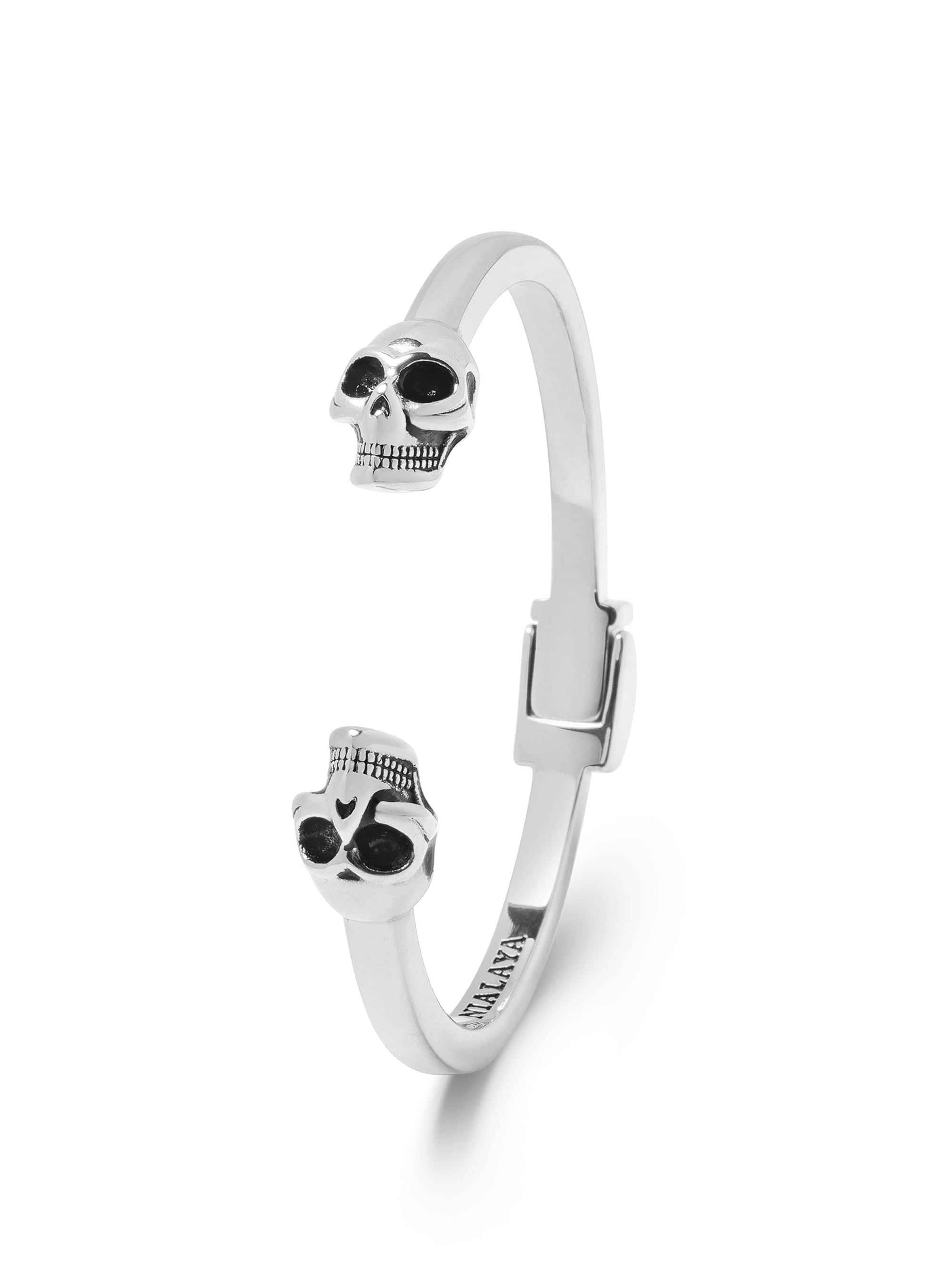 thumbnail image 2 of EC4Shop Men's 316L Stainless Steel Biker Skull Cuff Bracelet – Silver & Black, Retro Gothic Punk Style 2 of 4