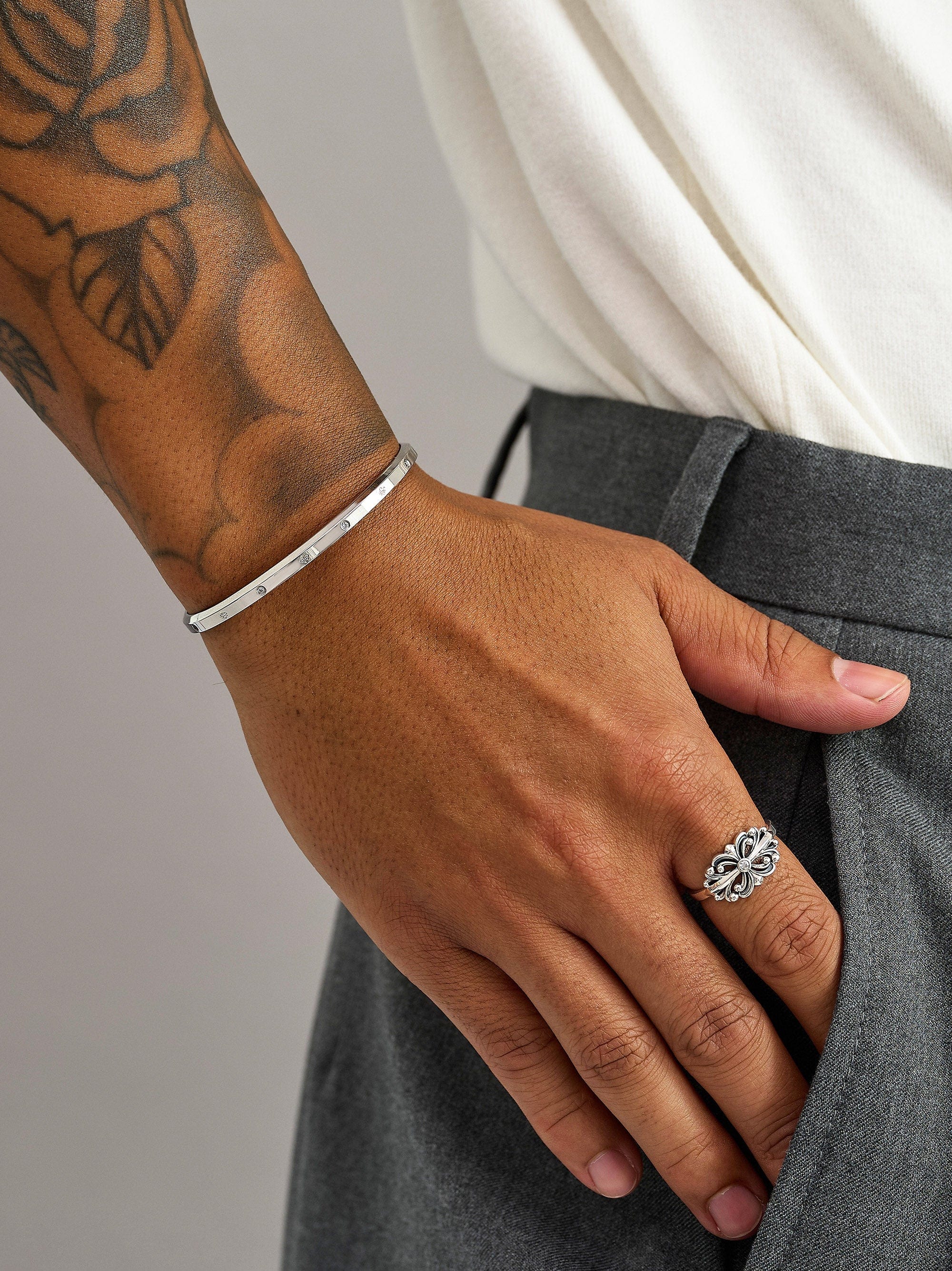 Nialaya Men's Bangle Silver Fleur de Lis Cuff Silver Fleur de Lis Cuff