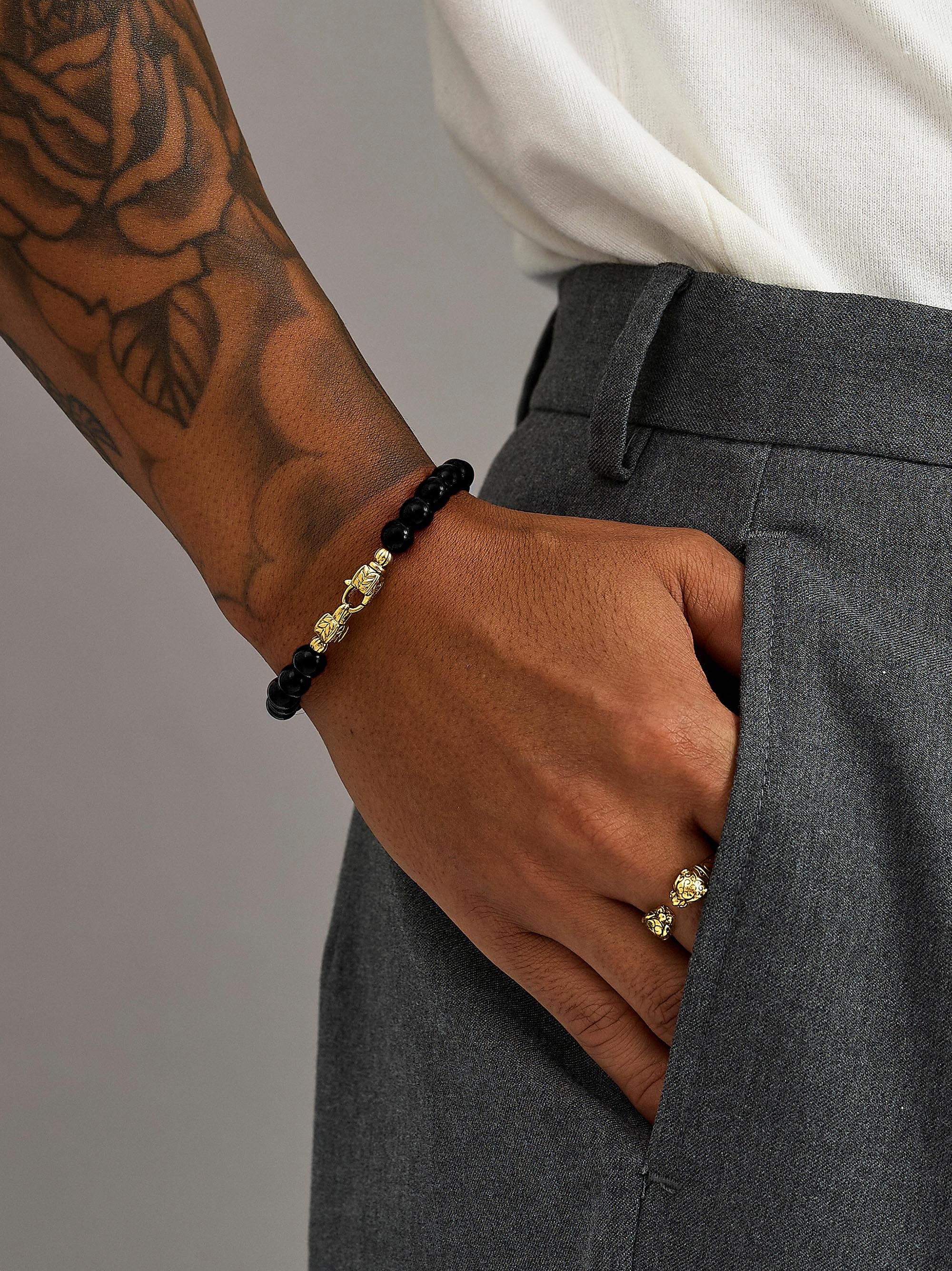 Nialaya Men's Beaded Bracelet Black Onyx Healing Bracelet with Gold Lock Black Onyx Healing Bracelet with Gold Lock