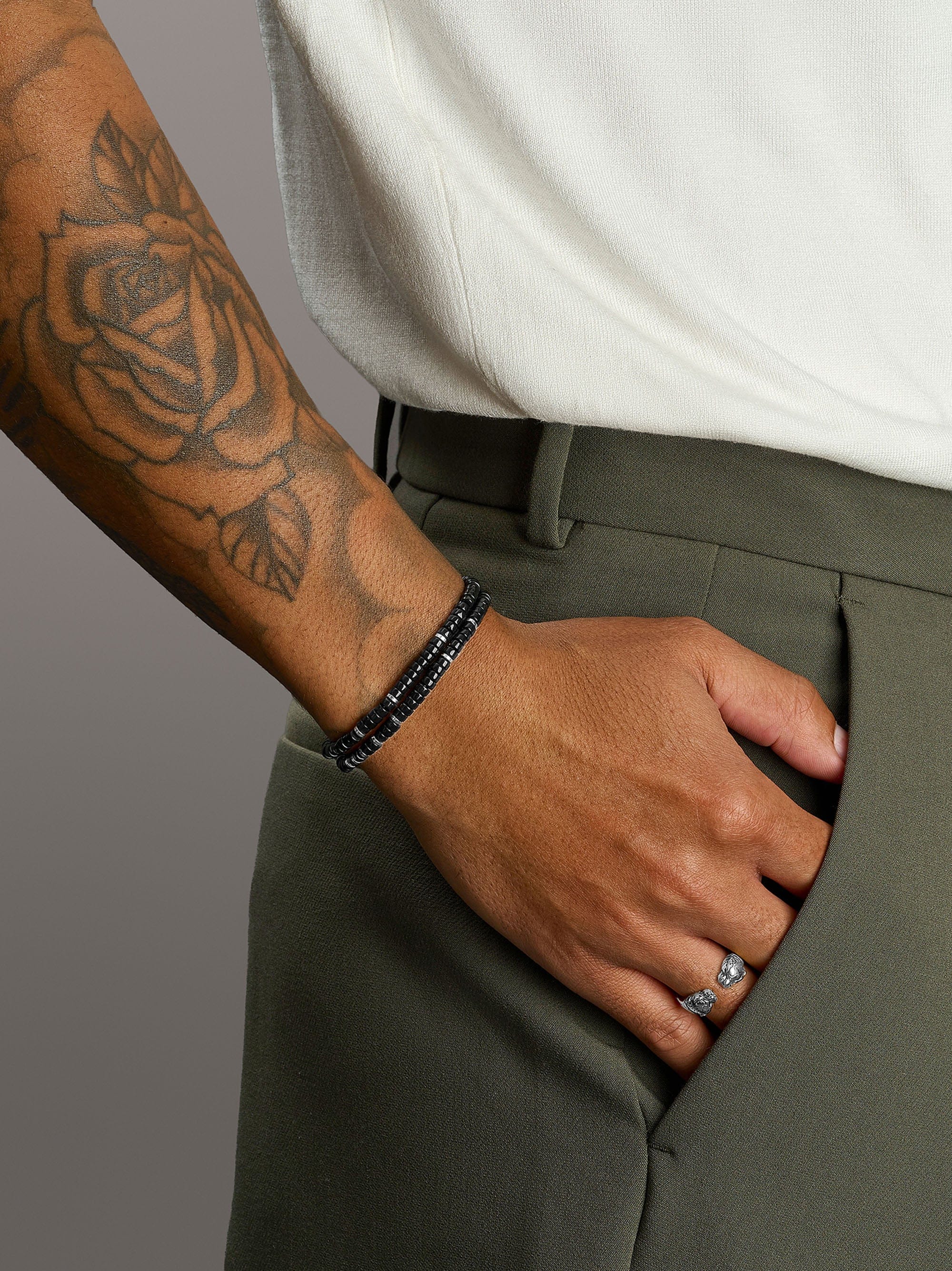 Nialaya Men's Beaded Bracelet Black Onyx Heishi Wrap Bracelet in Silver Black Onyx Heishi Wrap Bracelet in Silver