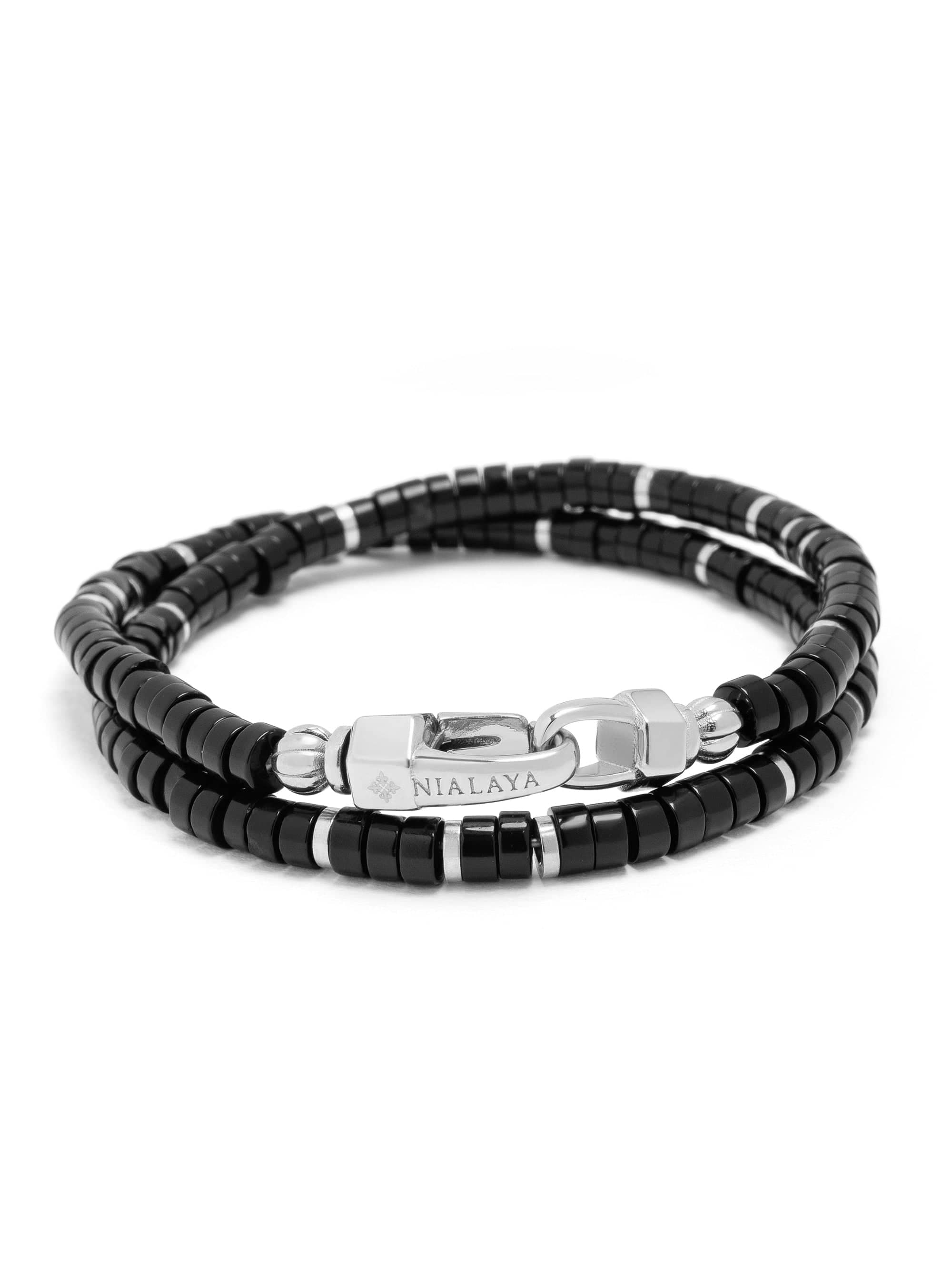 Nialaya Men's Beaded Bracelet Black Onyx Heishi Wrap Bracelet in Silver Black Onyx Heishi Wrap Bracelet in Silver