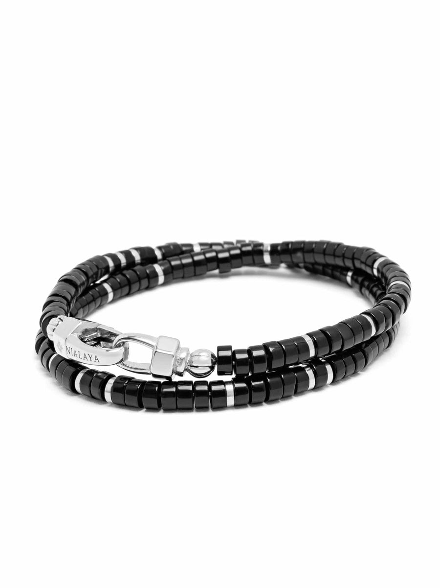 Black Onyx Heishi Wrap Bracelet in Silver
