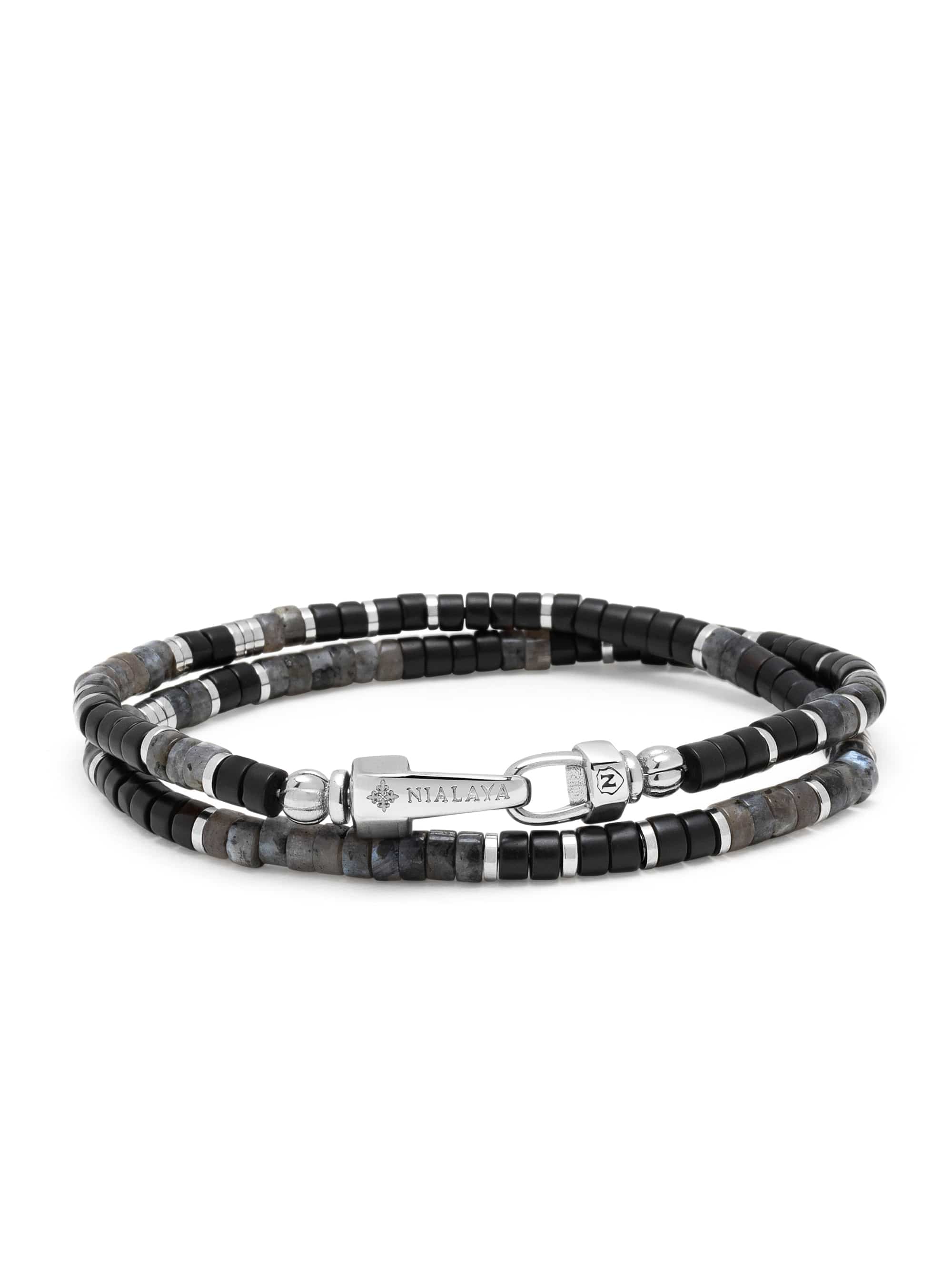 Nialaya Men's Beaded Bracelet Black Onyx & Labradorite Heishi Wrap Bracelet Black Onyx & Labradorite Heishi Wrap Bracelet