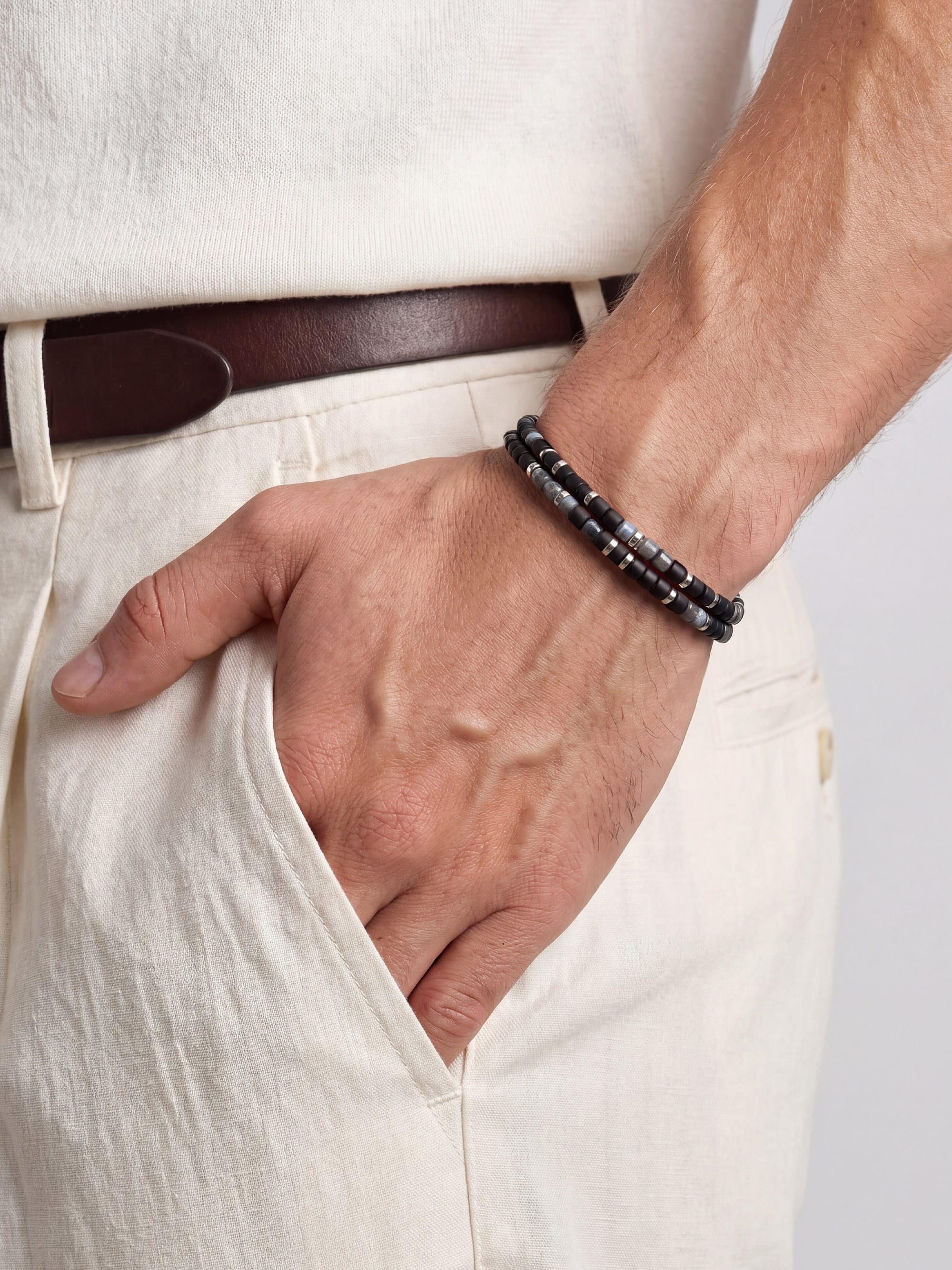 Nialaya Men's Beaded Bracelet Black Onyx & Labradorite Heishi Wrap Bracelet Black Onyx & Labradorite Heishi Wrap Bracelet