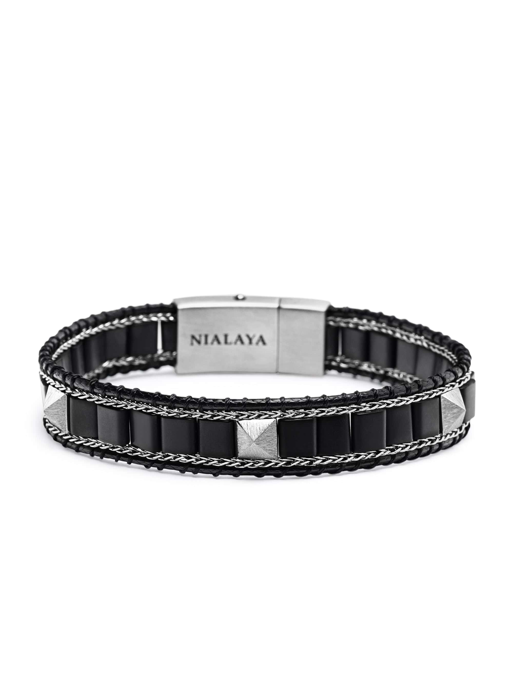 Nialaya Men's Beaded Bracelet Black Onyx Stud Bracelet with Silver Lock Black Onyx Stud Bracelet with Silver Lock