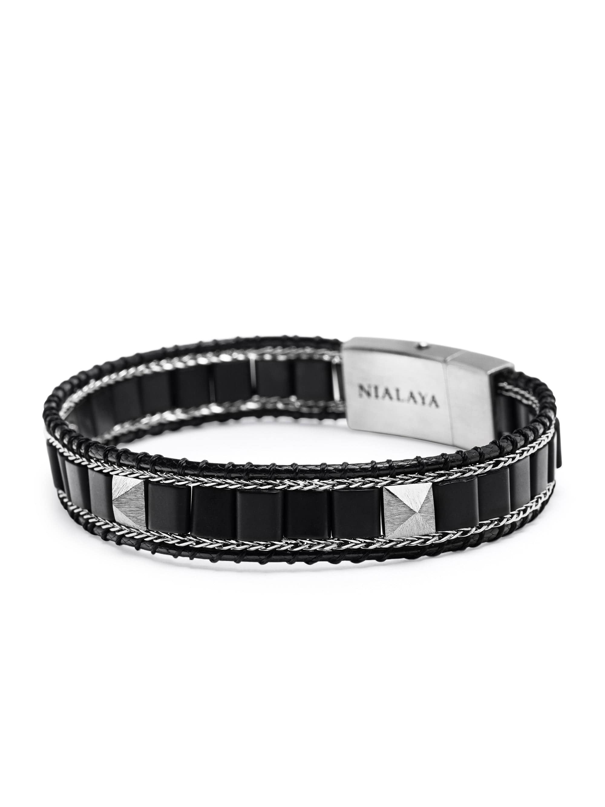 Nialaya Men's Beaded Bracelet Black Onyx Stud Bracelet with Silver Lock Black Onyx Stud Bracelet with Silver Lock