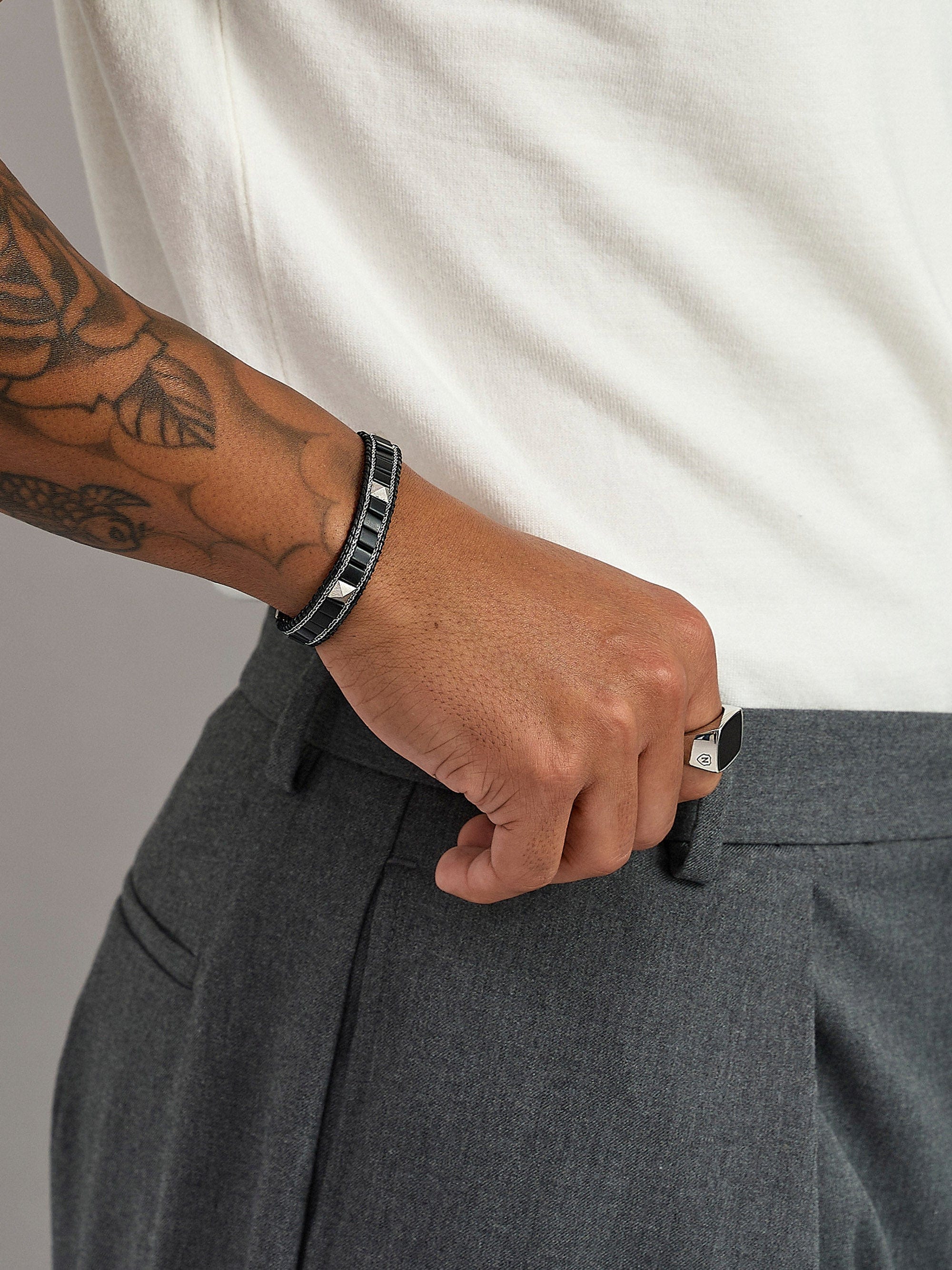 Nialaya Men's Beaded Bracelet Black Onyx Stud Bracelet with Silver Lock Black Onyx Stud Bracelet with Silver Lock