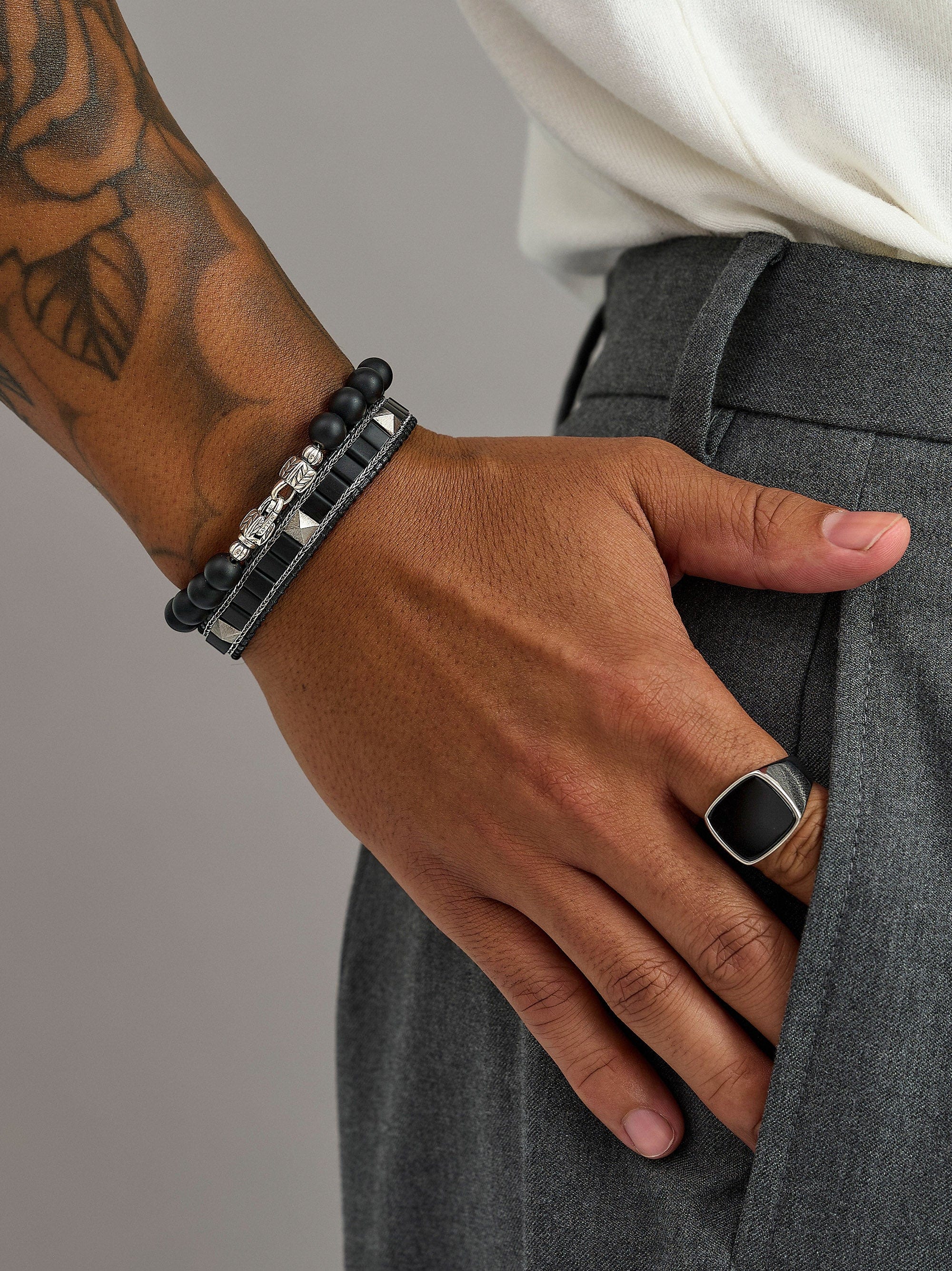 Nialaya Men's Beaded Bracelet Black Onyx Stud Bracelet with Silver Lock Black Onyx Stud Bracelet with Silver Lock