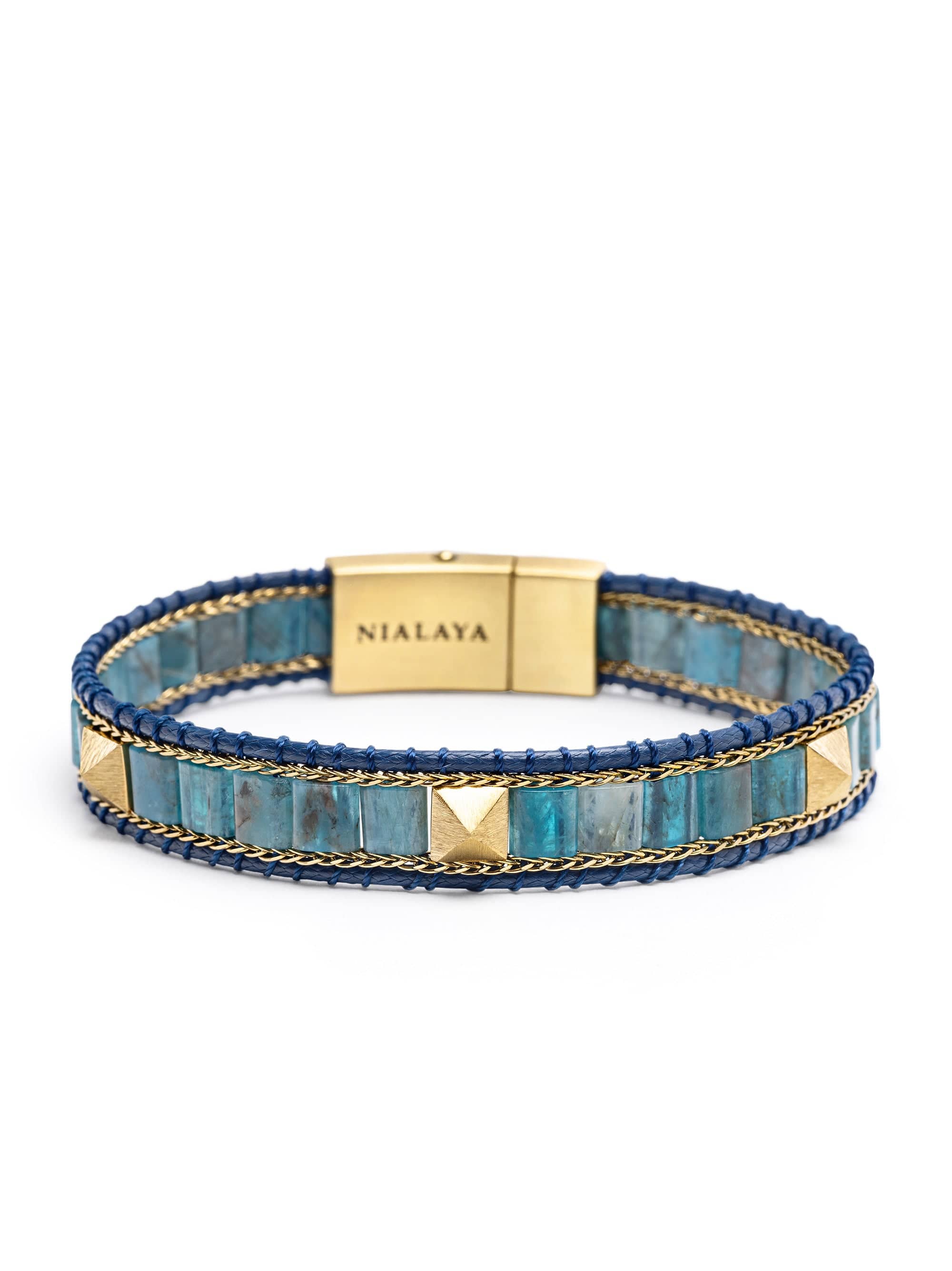 Nialaya Men's Beaded Bracelet Blue Apatite Stud Bracelet Blue Apatite Stud Bracelet