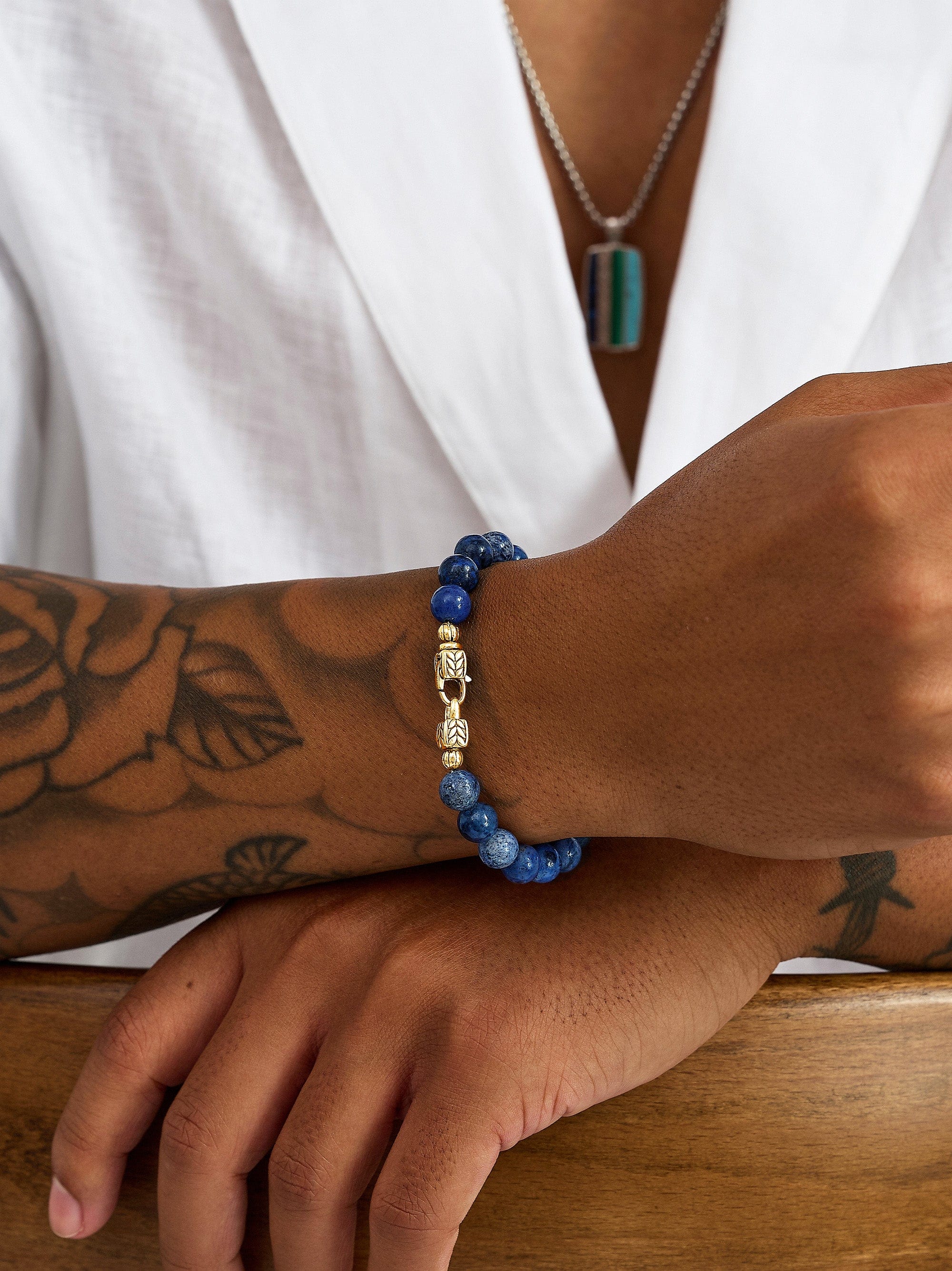 Nialaya Men's Beaded Bracelet Blue Dumortierite Healing Bracelet with Gold Lock Blue Dumortierite Healing Bracelet with Gold Lock