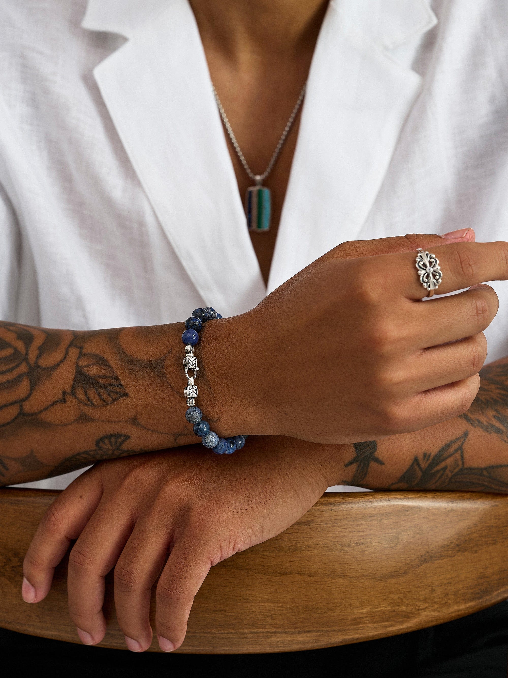 Nialaya Men's Beaded Bracelet Blue Dumortierite Healing Bracelet with Silver Lock Blue Dumortierite Healing Bracelet with Silver Lock