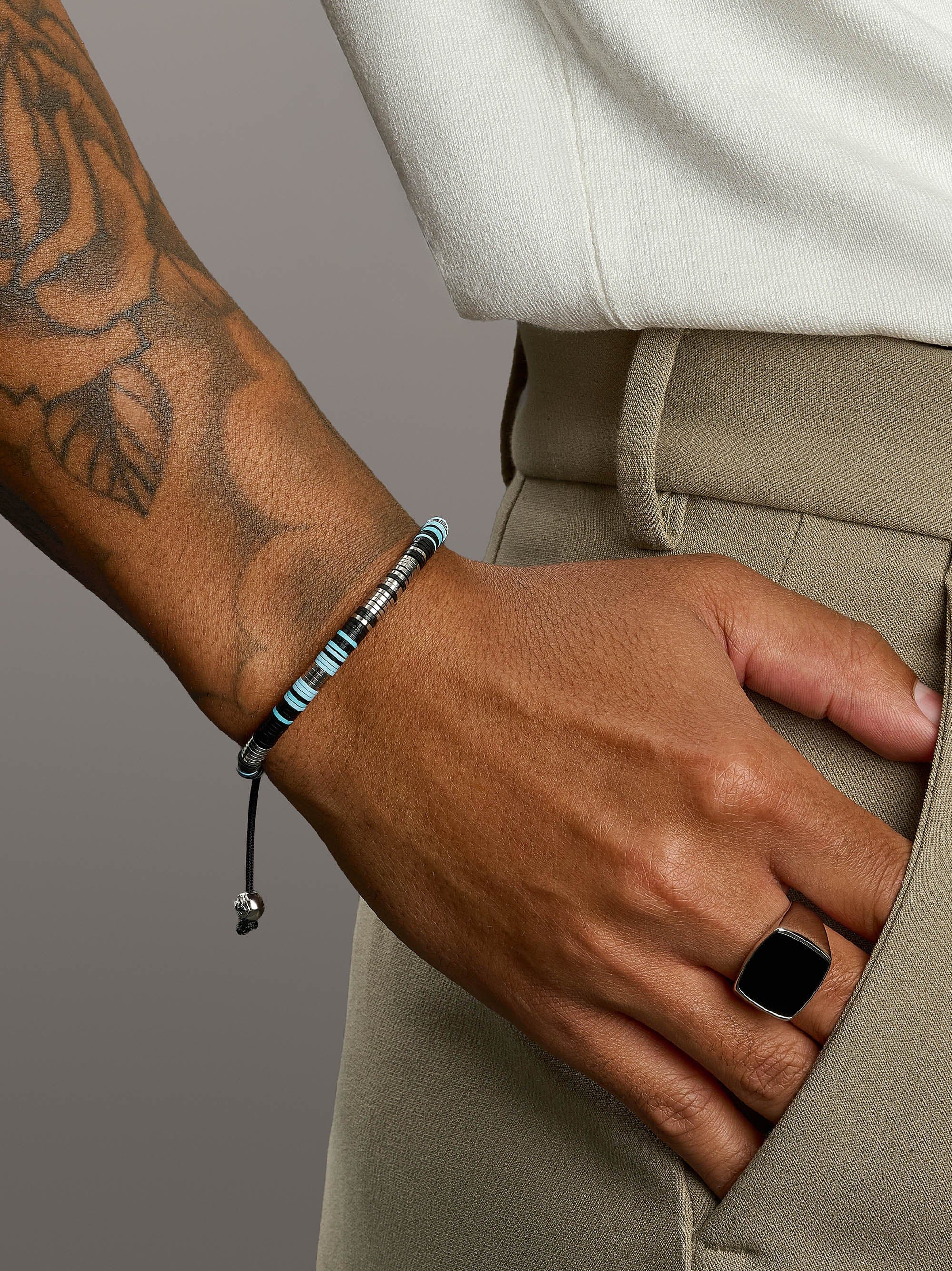 Nialaya Men's Beaded Bracelet Blue Eclipse Disc Bracelet Blue Eclipse Disc Bracelet