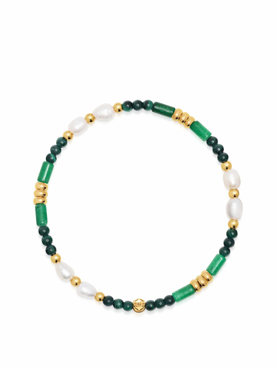 Green Agate, Malachite & Pearl Gemstone Beaded Bracelet