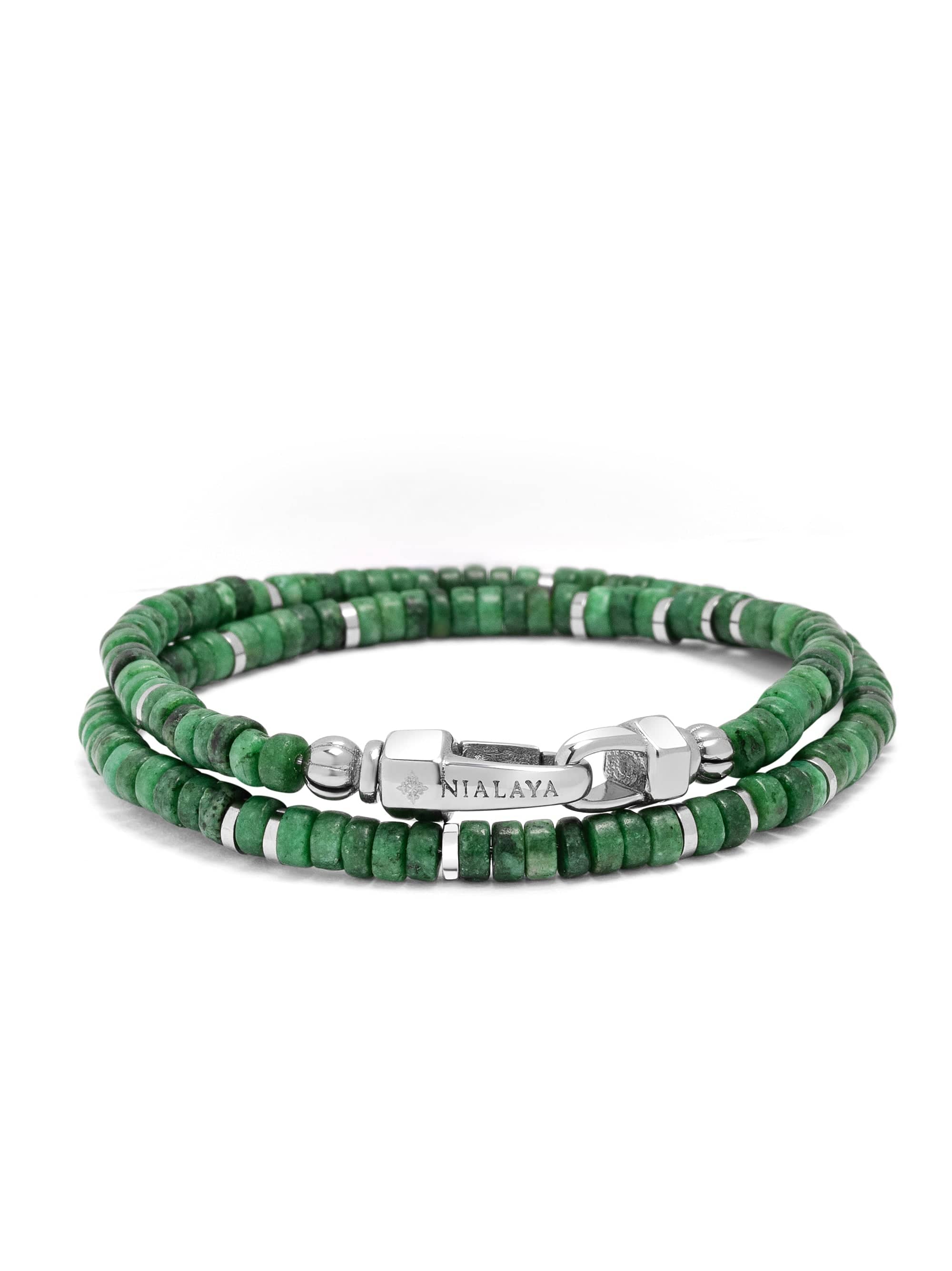Nialaya Men's Beaded Bracelet Green Heishi Double Wrap Beaded Bracelet with Silver Green Heishi Double Wrap Beaded Bracelet with Silver