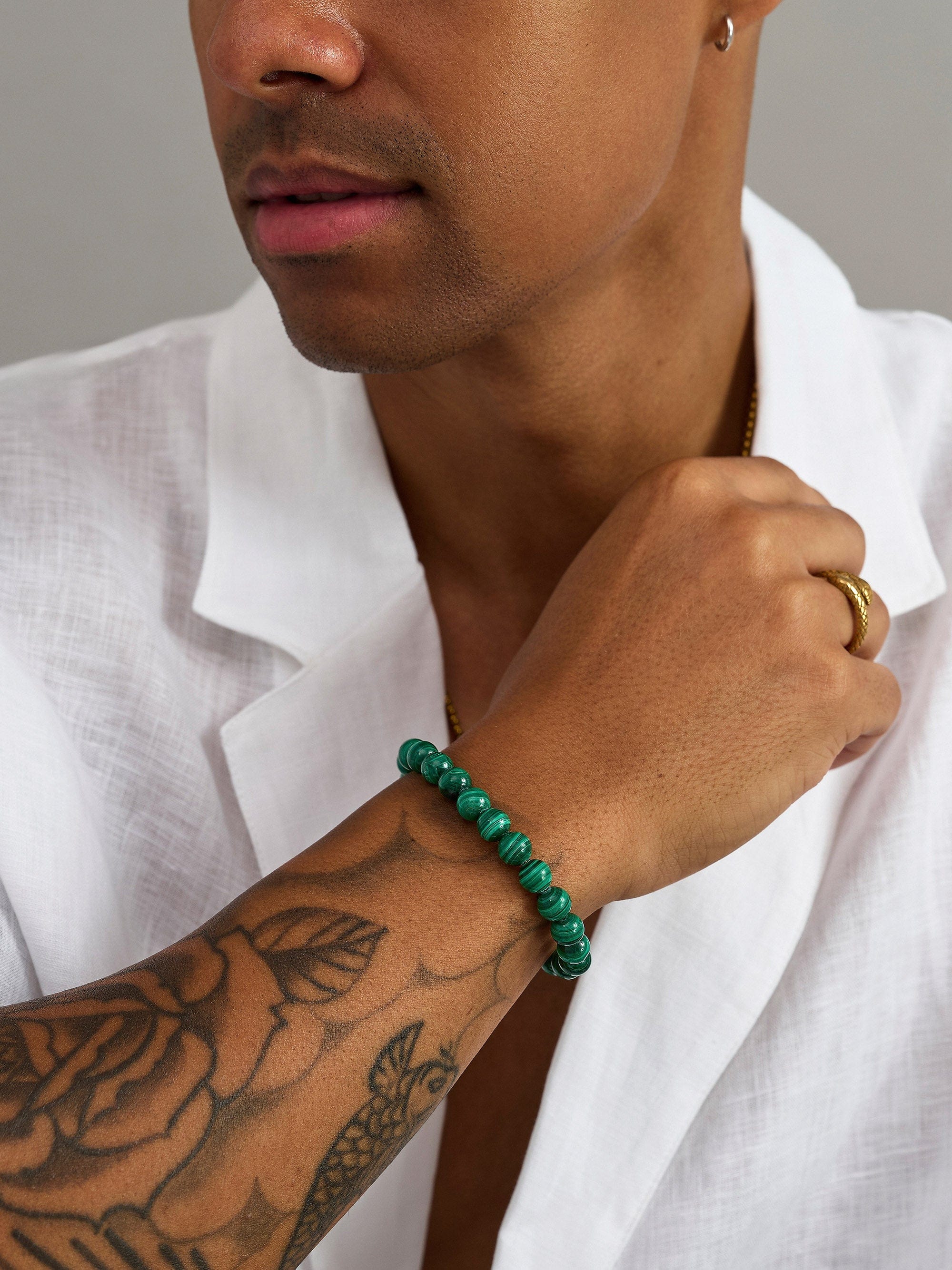 Nialaya Men's Beaded Bracelet Green Malachite Healing Bracelet with Gold Lock Green Malachite Healing Bracelet with Gold Lock