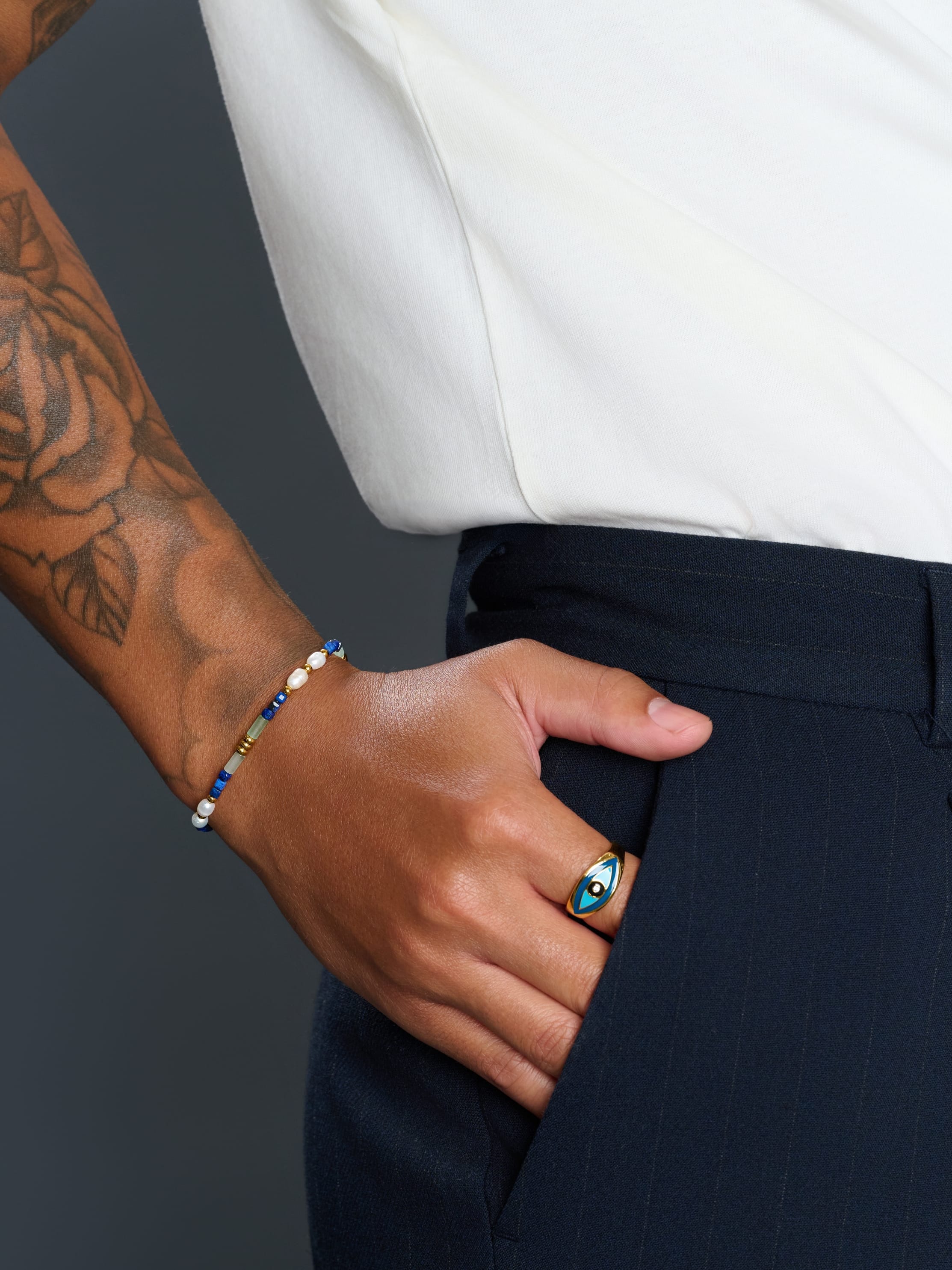 Nialaya Men's Beaded Bracelet Lapis, Green Aventurine & Pearl Gemstone Beaded Bracelet Lapis, Green Aventurine & Pearl Gemstone Beaded Bracelet