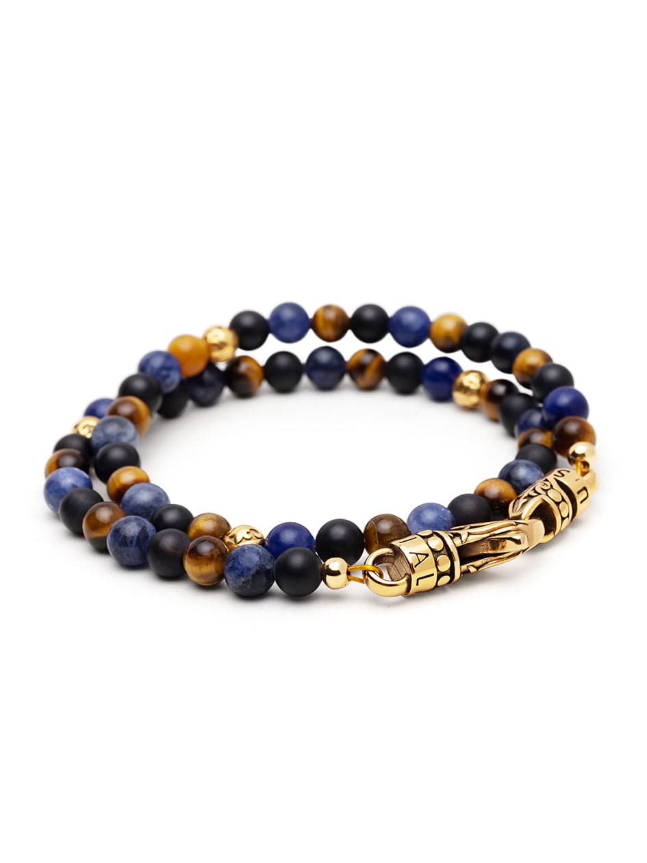 Nialaya Men's Beaded Bracelet Men's Adorned Wrap Around Bracelet with Brown Tiger Eye, Dumortierite and Onyx